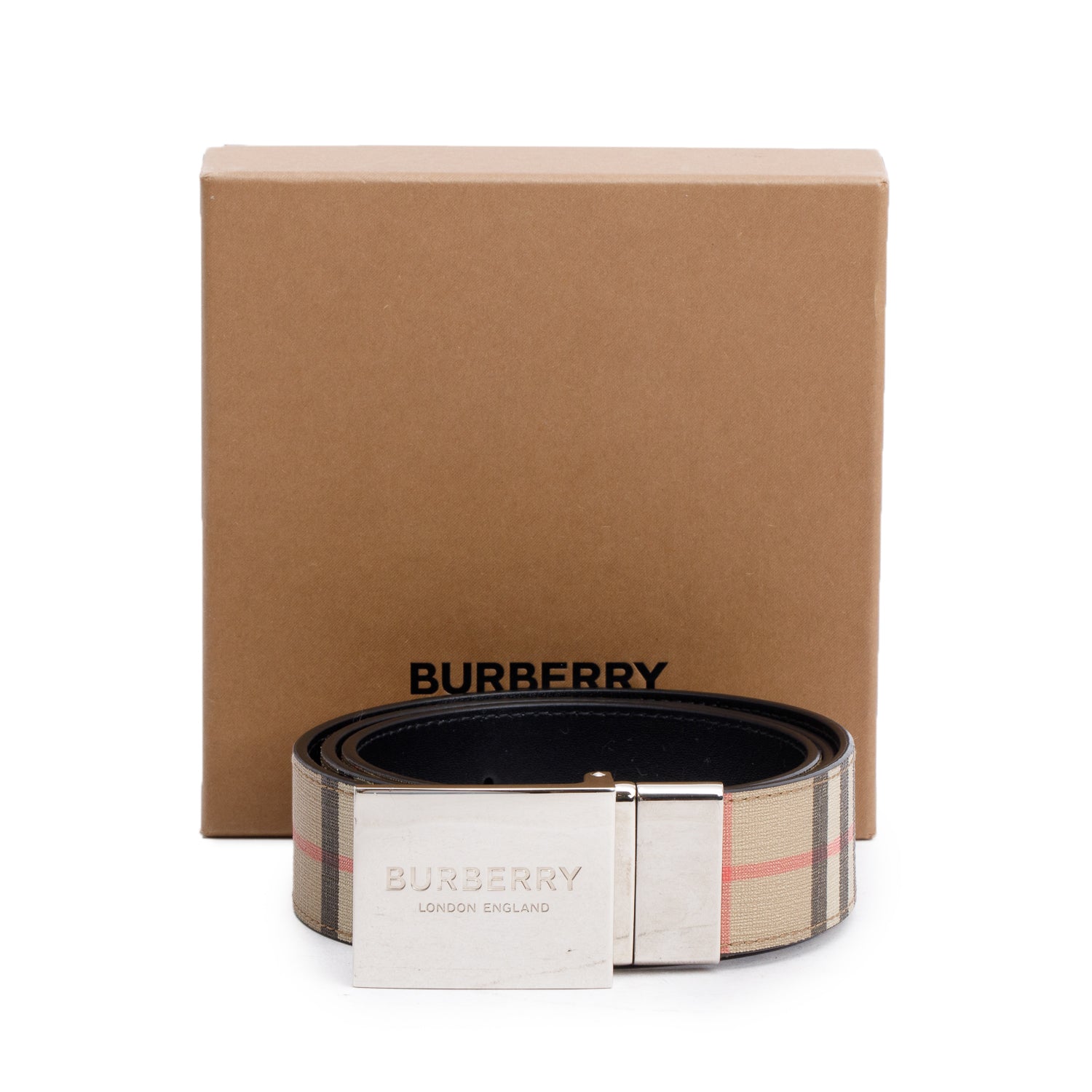 Burberry Biege Check Canvas Black Reversible B Cut Buckle Belt 95 38 w/ Box