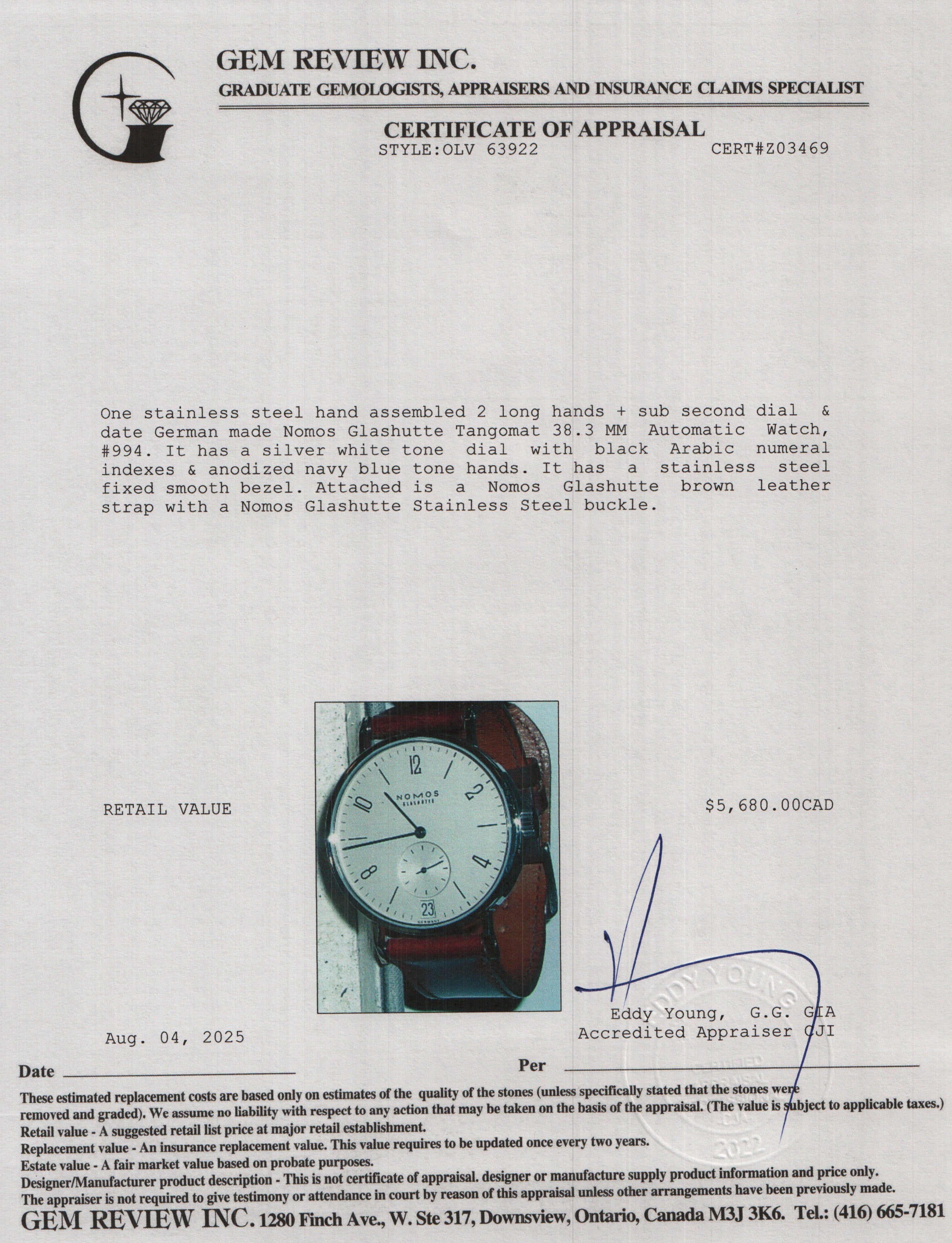 Nomos Glashutte Stainless Steel Tangomat 38.3 MM Automatic Watch w/ Box & Papers