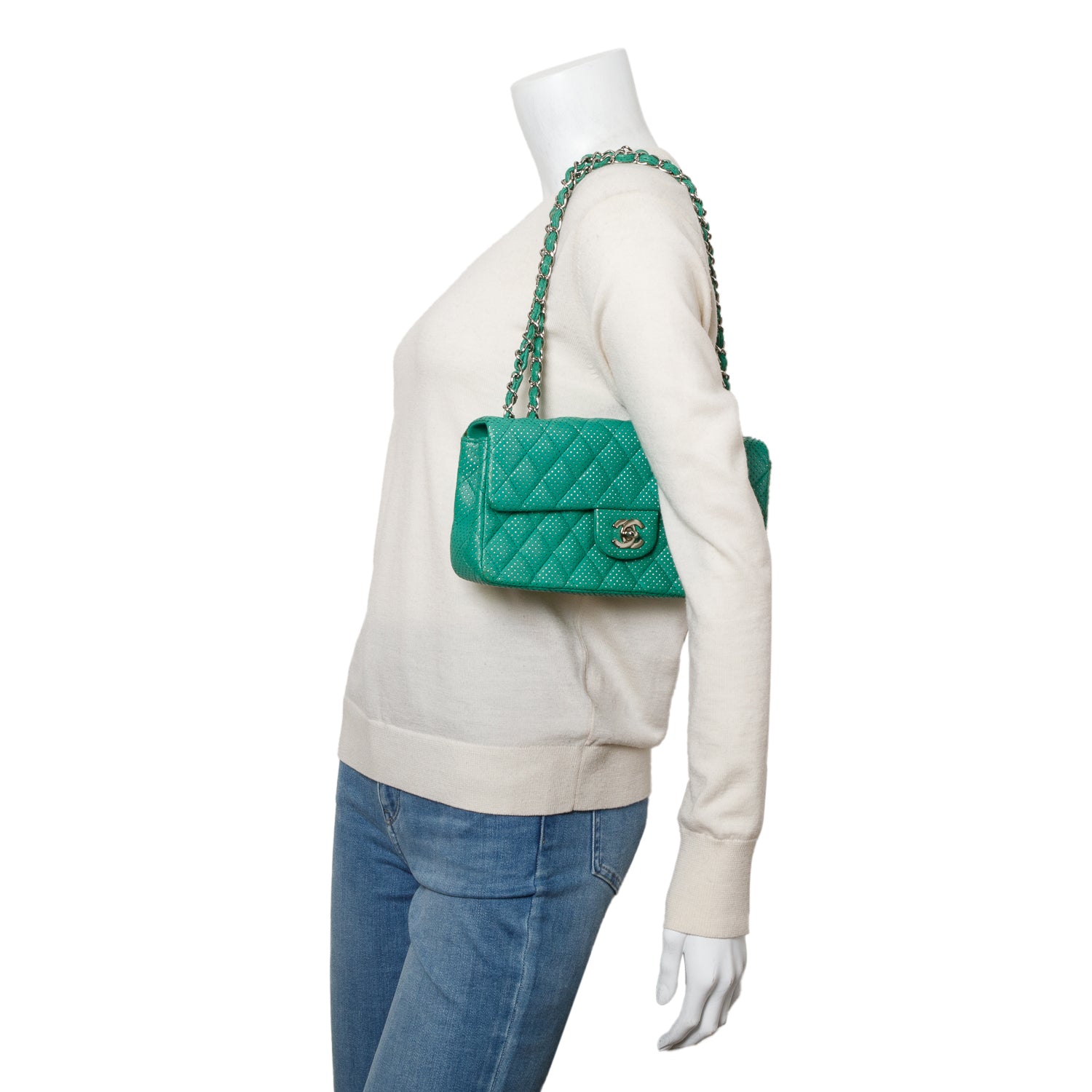 Chanel Green Lambskin Perforated East West Flap Bag