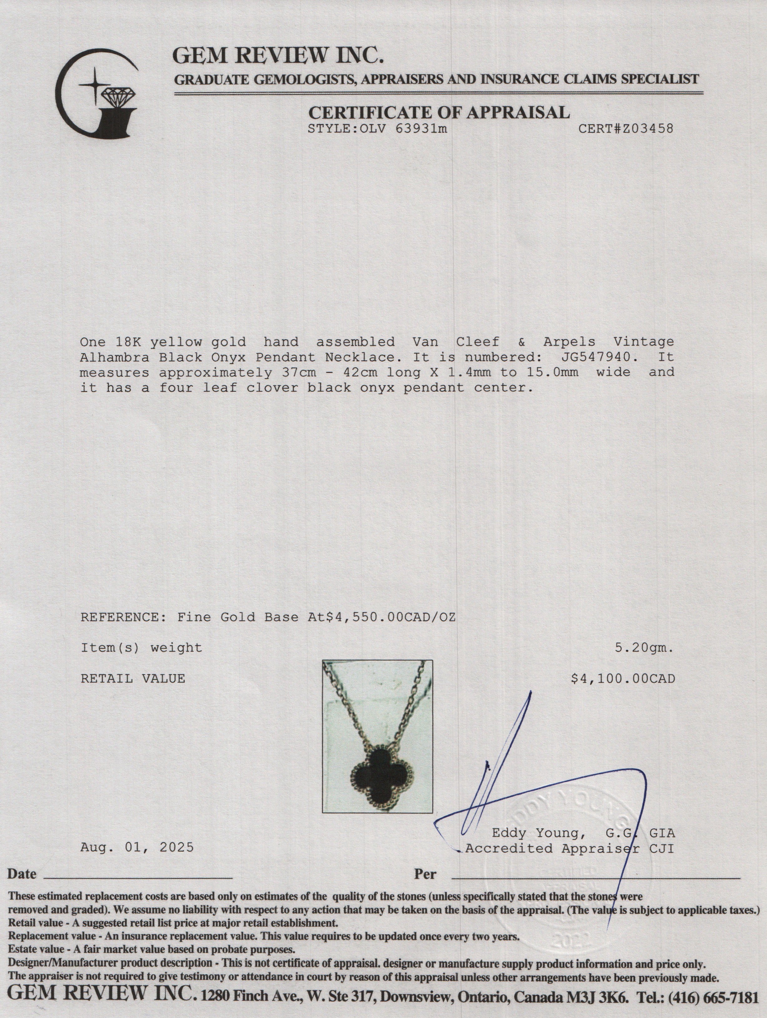 Van Cleef & Arpels 2024  18k Yellow Gold Vintage Alhambra Black Onyx Pendant Necklace w/ Box & Certificate