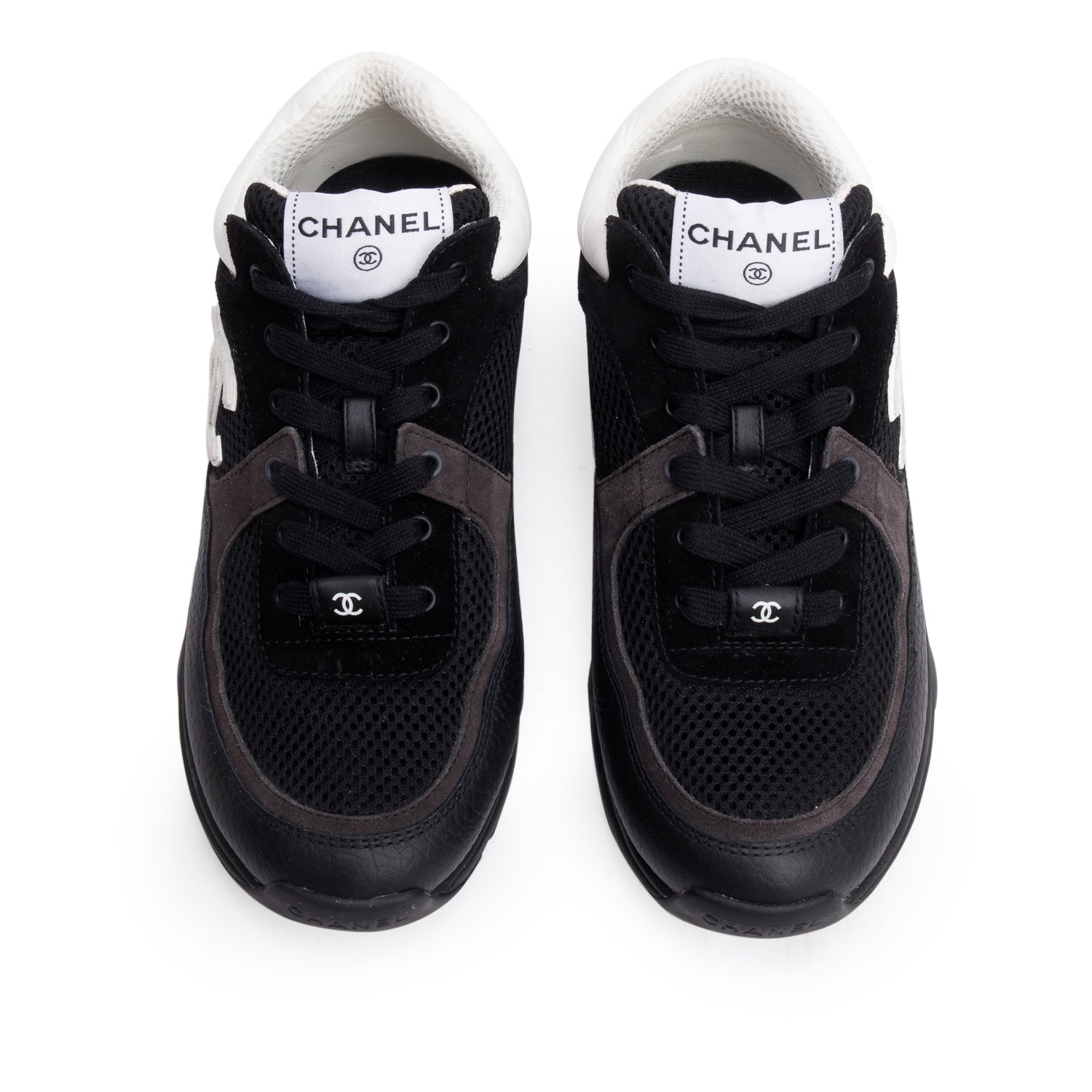 Chanel Black Calfskin Mesh Suede CC Logo Sneakers, Size 38.5 w/ Box