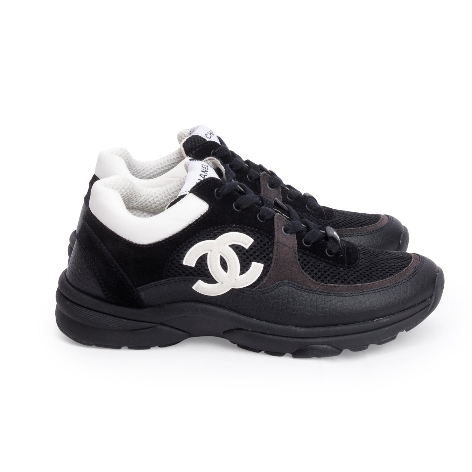 Chanel Black Calfskin Mesh Suede CC Logo Sneakers, Size 38.5 w/ Box