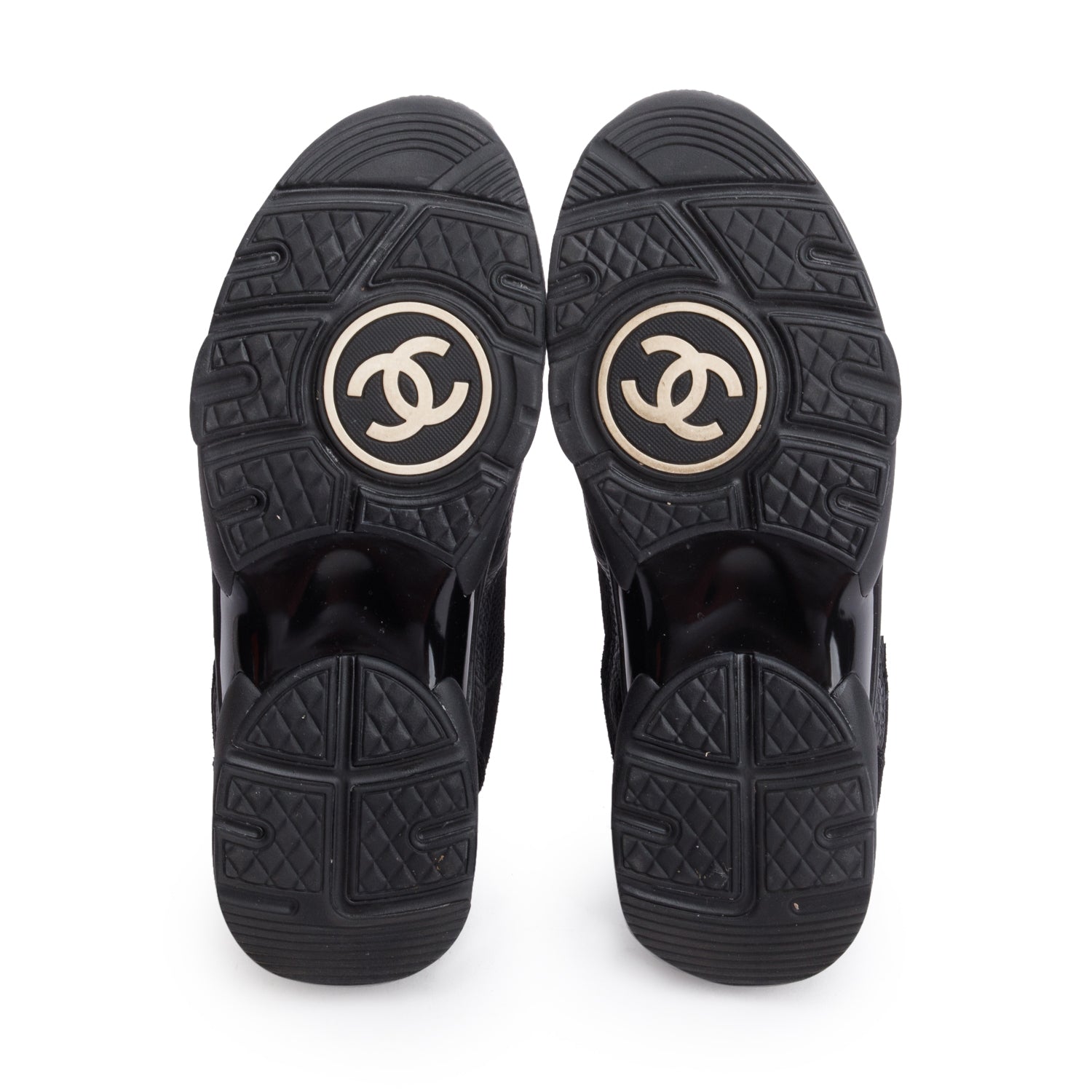 Chanel Black Calfskin Mesh Suede CC Logo Sneakers, Size 38.5 w/ Box