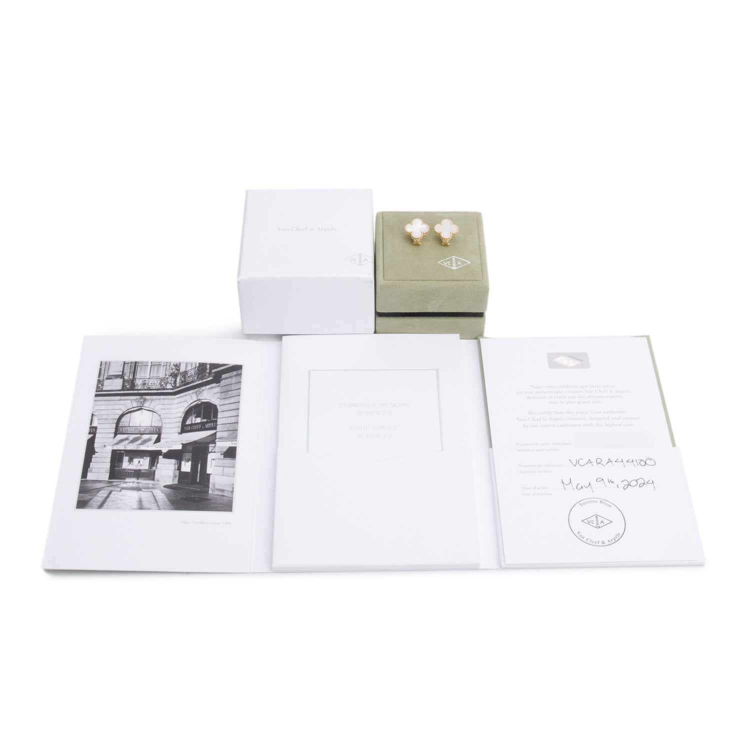 Van Cleef & Arpels 2024 18k Yellow Gold Vintage Alhambra Mother of Pearl Stud Earrings w/ Box & Certificate