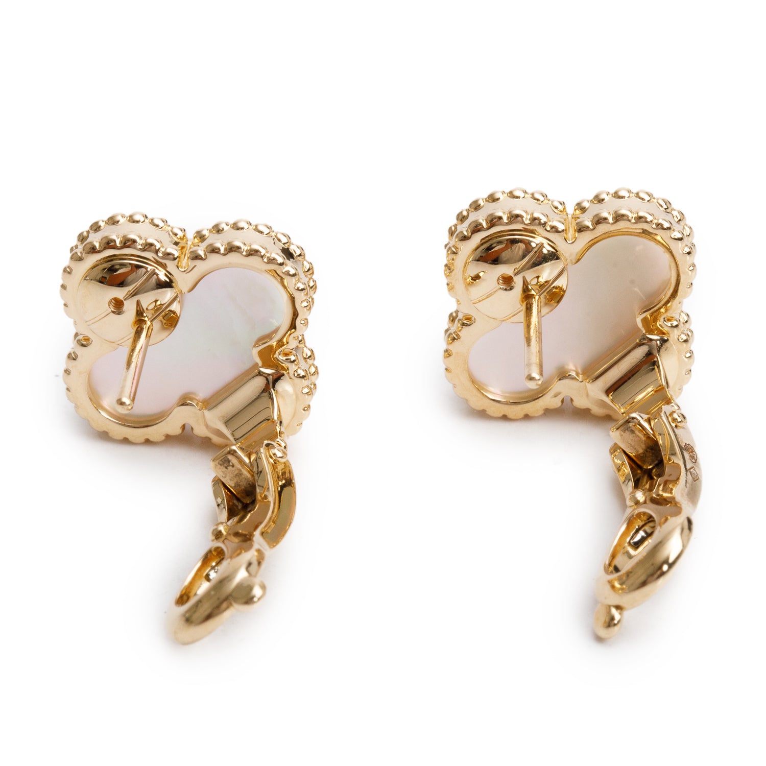 Van Cleef & Arpels 2024 18k Yellow Gold Vintage Alhambra Mother of Pearl Stud Earrings w/ Box & Certificate