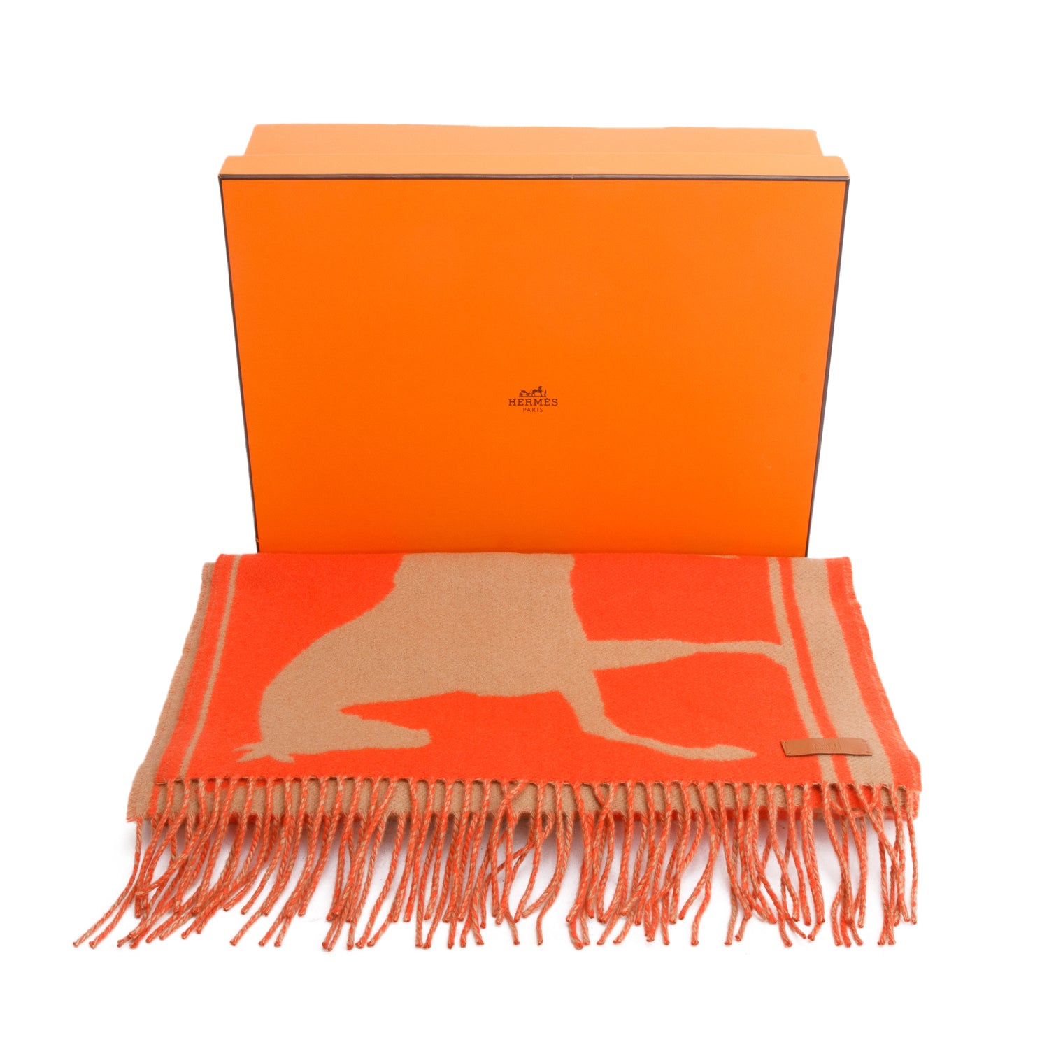 Hermes Camel/Vermillon Cashmere Scarf w/ Box