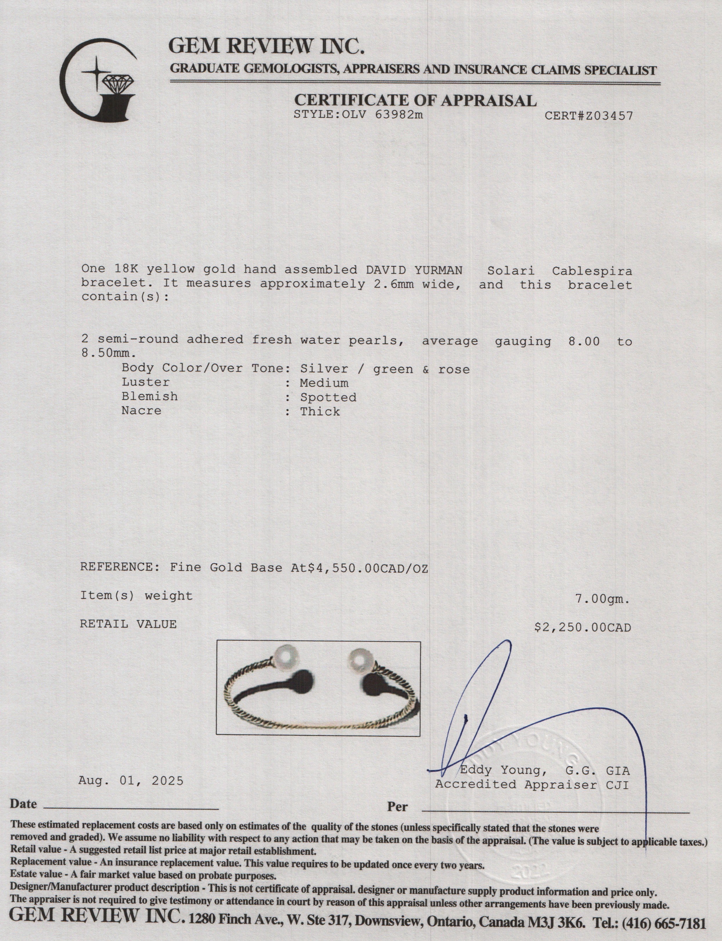 David Yurman 18k Yellow Gold Pearl Solari Cablespira 2.6 MM Bracelet w/ Box