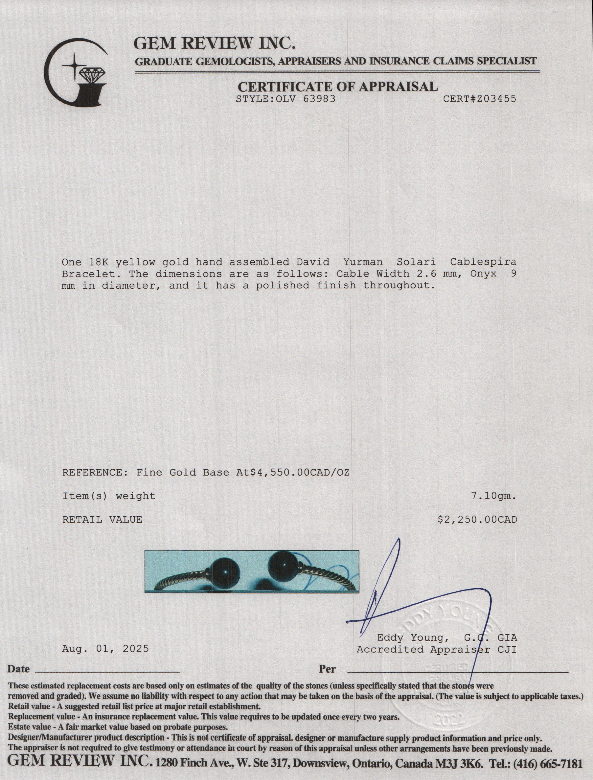 David Yurman 18k Yellow Gold Onyx Solari Cablespira 2.6 MM Bracelet w/ Box