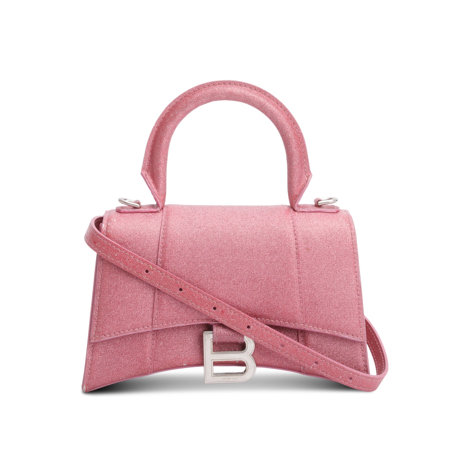 Balenciaga Pink Glitter XS Hourglass Top Handle Bag w/ Strap