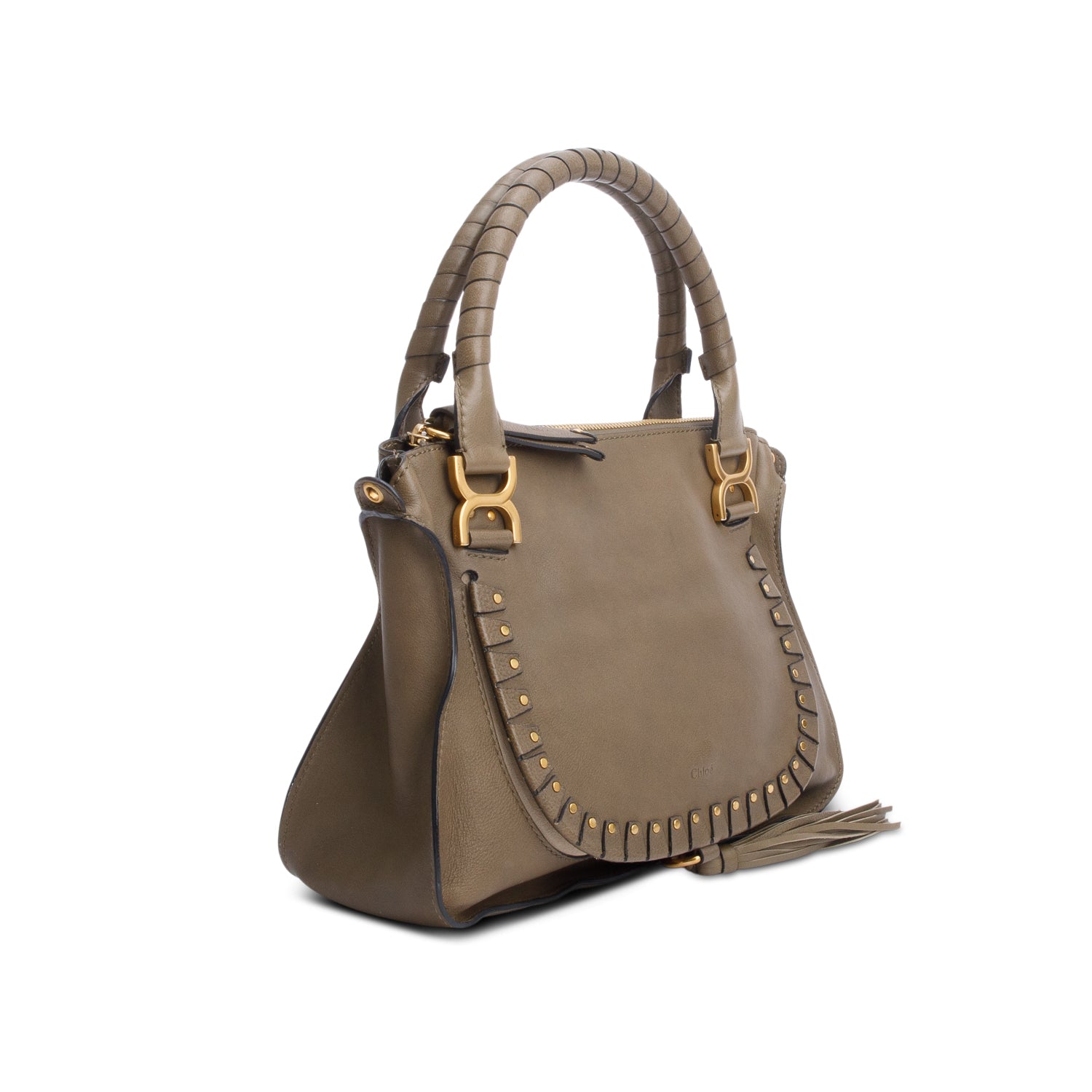 Chloe Khaki Studded Medium Marcie Satchel w/ Strap & Authenticity Card