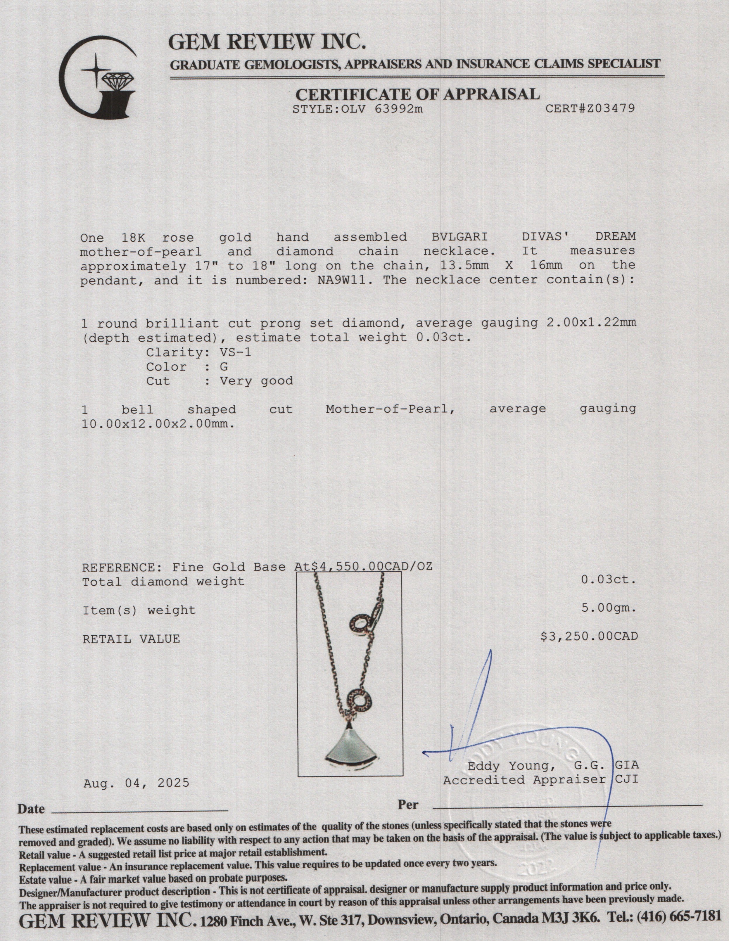 BVLGARI 18k Rose Gold Mother of Pearl & Diamond Diva's Dream Pendant Necklace w/ Box & Certificate