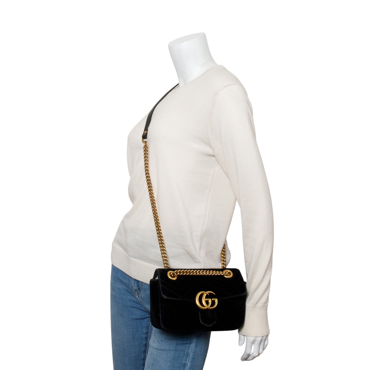 Gucci Black Velvet Matelasse Small GG Marmont Shoulder Bag