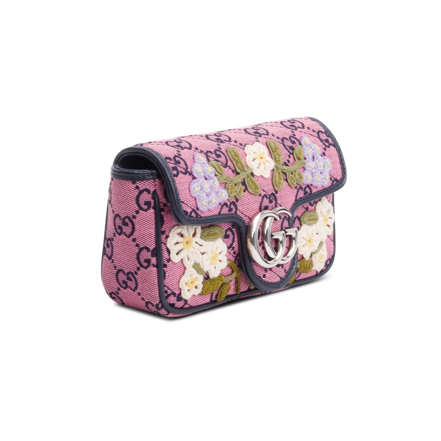 Gucci Pink Monogram Matelasse Floral Embroidered Super Mini GG Marmont Shoulder Bag