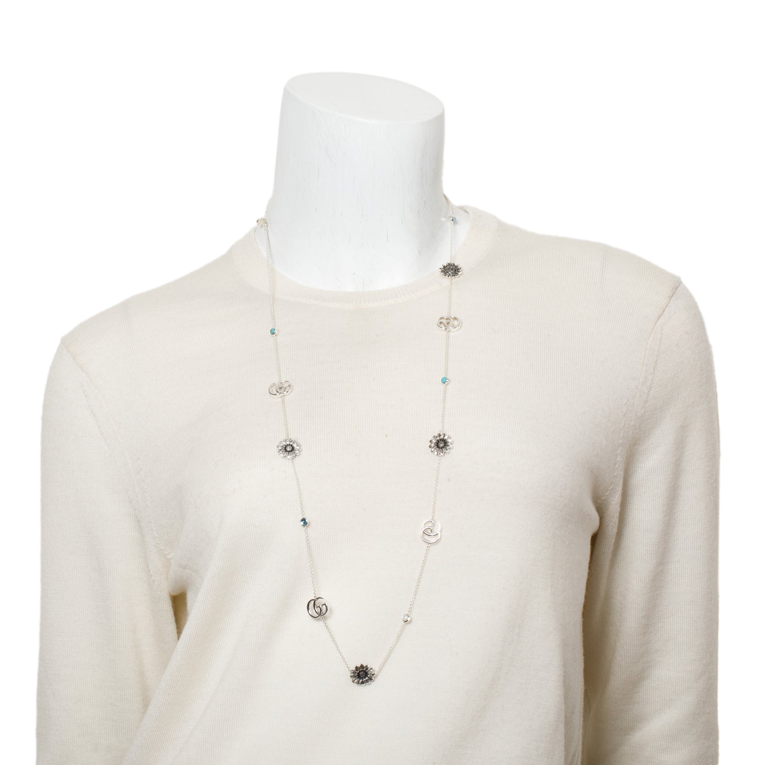 Gucci Sterling Silver Mother of Pearl, Blue Topaz & Turquoise GG Marmont Flower Station Necklace w/ Box