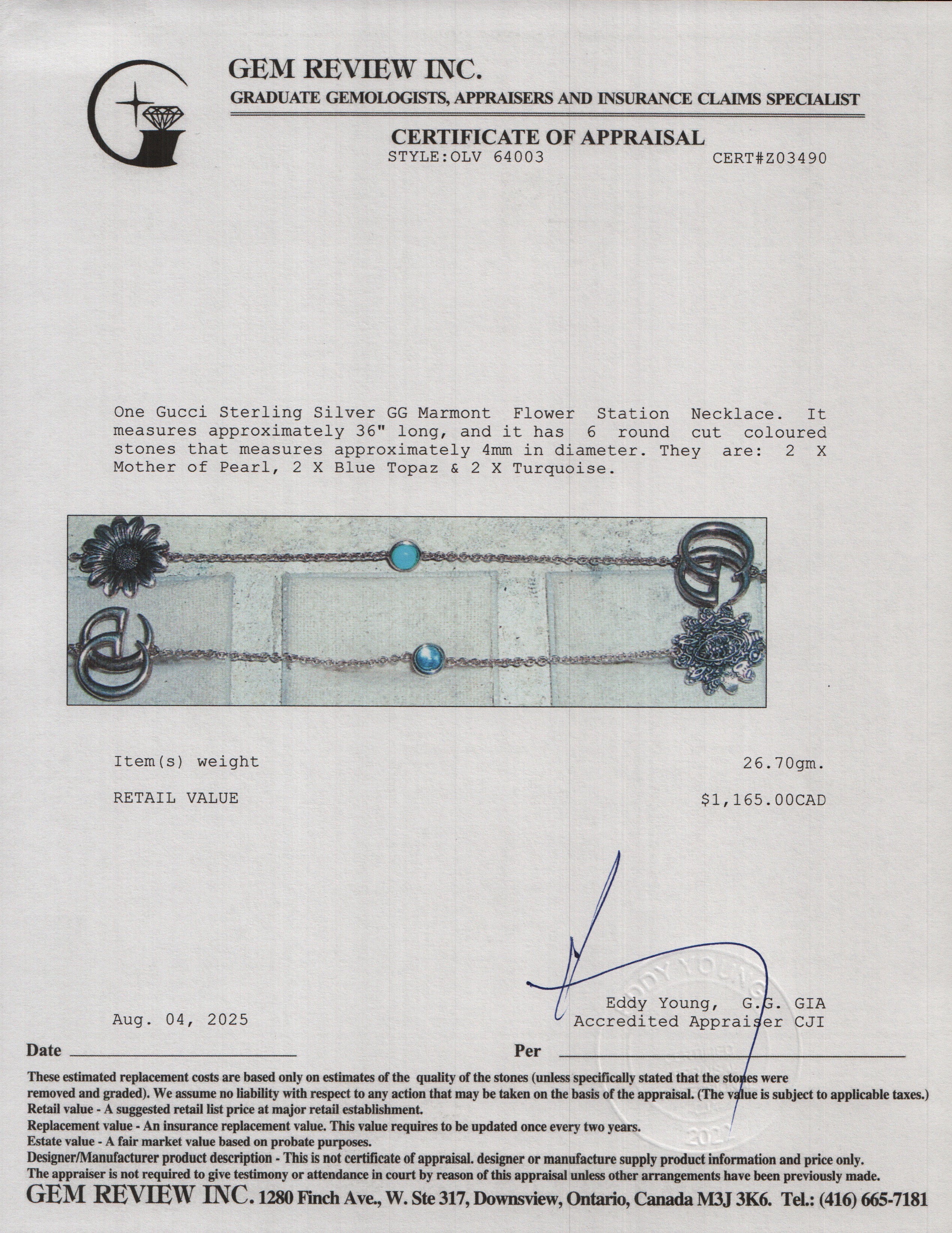 Gucci Sterling Silver Mother of Pearl, Blue Topaz & Turquoise GG Marmont Flower Station Necklace w/ Box