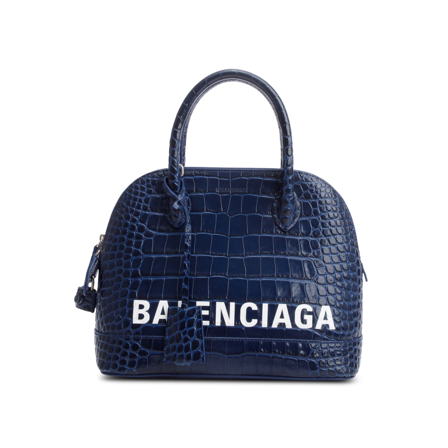 Balenciaga Navy Shiny Calfskin Logo Croc Embossed S Ville Top Handle Bag w/ Strap