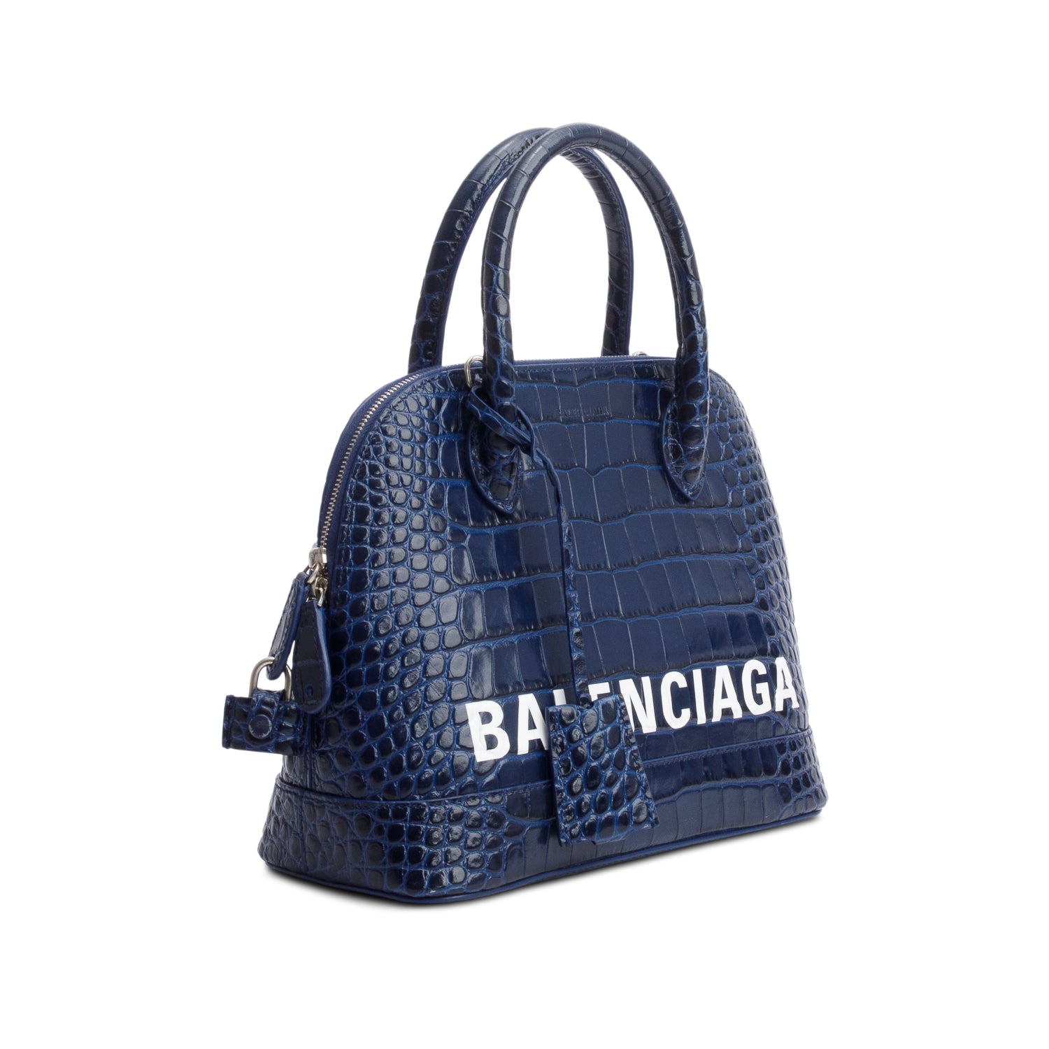 Balenciaga Navy Shiny Calfskin Logo Croc Embossed S Ville Top Handle Bag w/ Strap