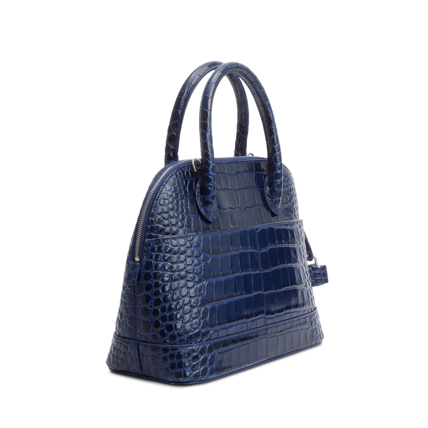 Balenciaga Navy Shiny Calfskin Logo Croc Embossed S Ville Top Handle Bag w/ Strap