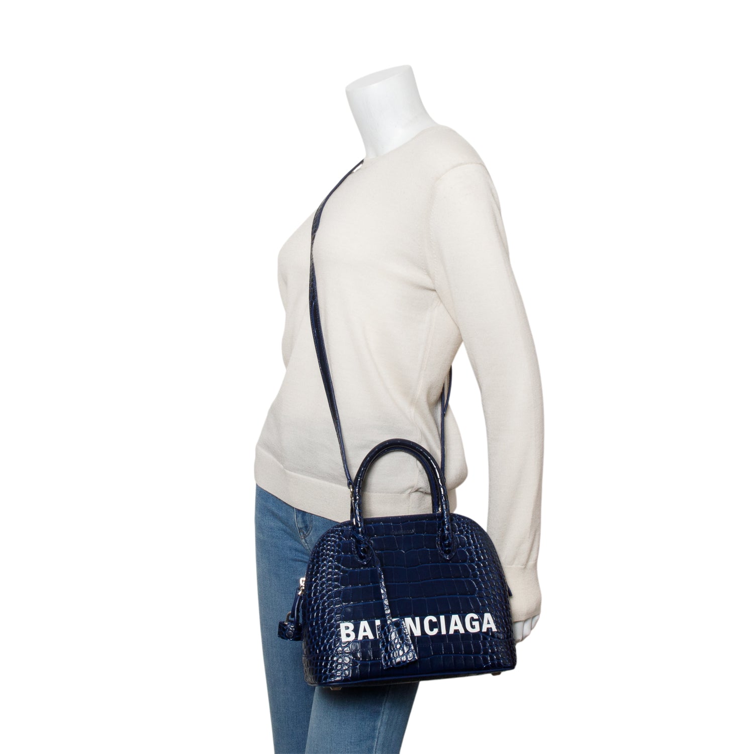 Balenciaga Navy Shiny Calfskin Logo Croc Embossed S Ville Top Handle Bag w/ Strap