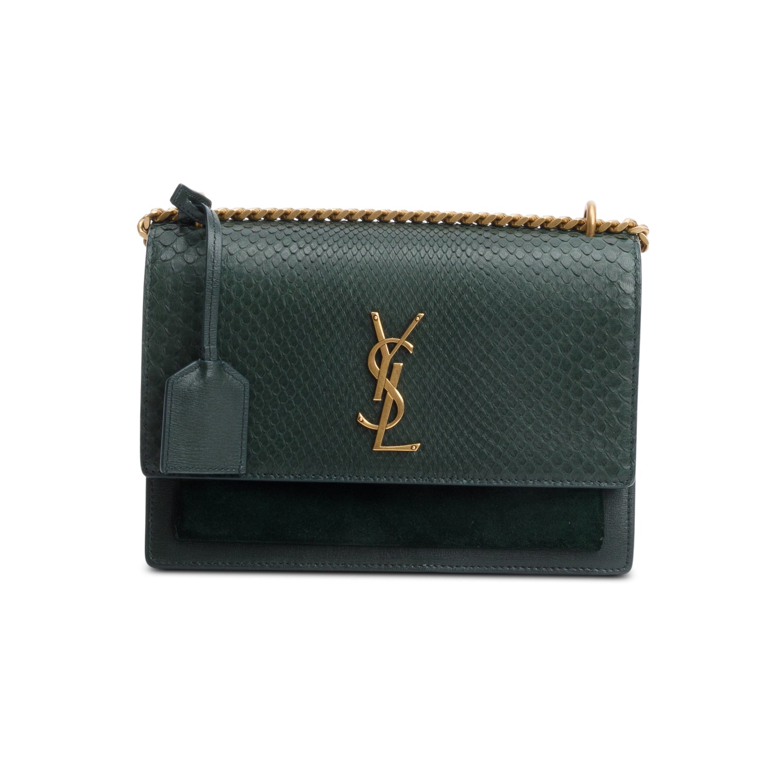 Saint Lauren Green Python Embossed Medium Sunset Shoulder Bag