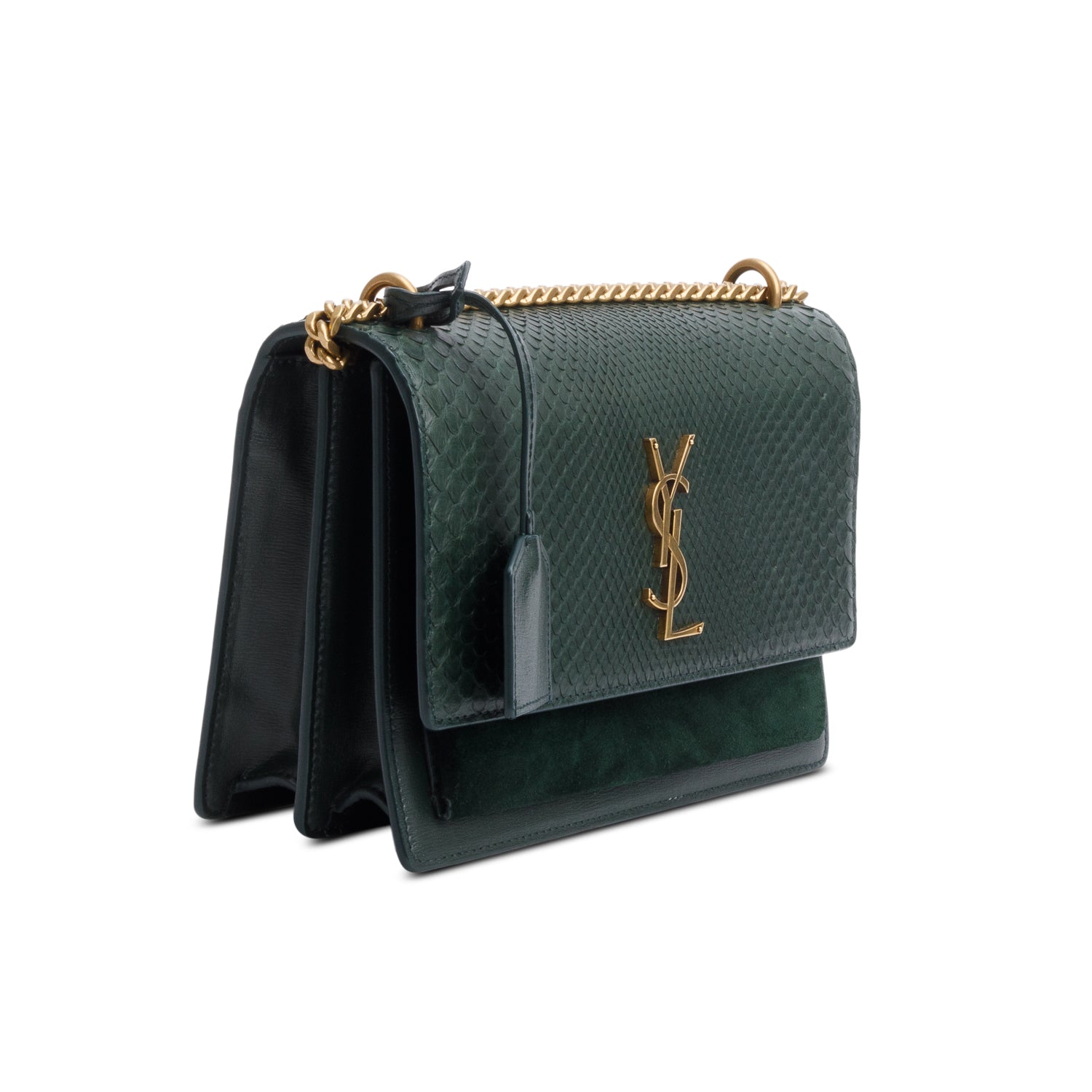 Saint Lauren Green Python Embossed Medium Sunset Shoulder Bag