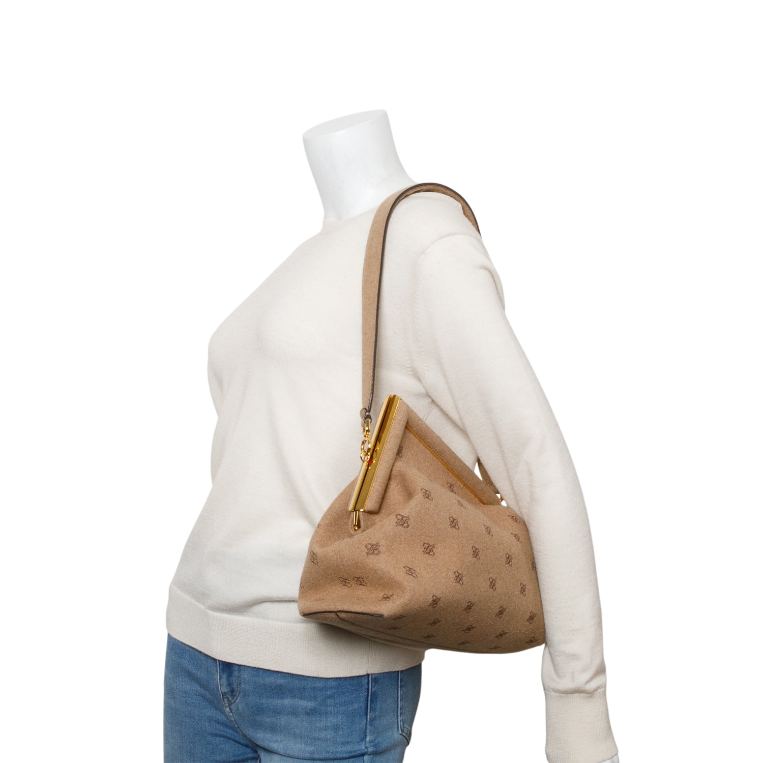 Fendi Beige Flannel Karligraphy Embroidered Medium First Bag w/ Strap