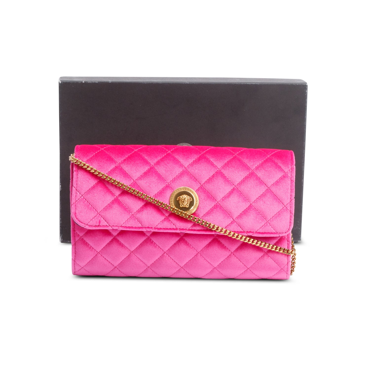 Versace Pink Velvet Quilted Medusa Wallet on Chain w/ Box