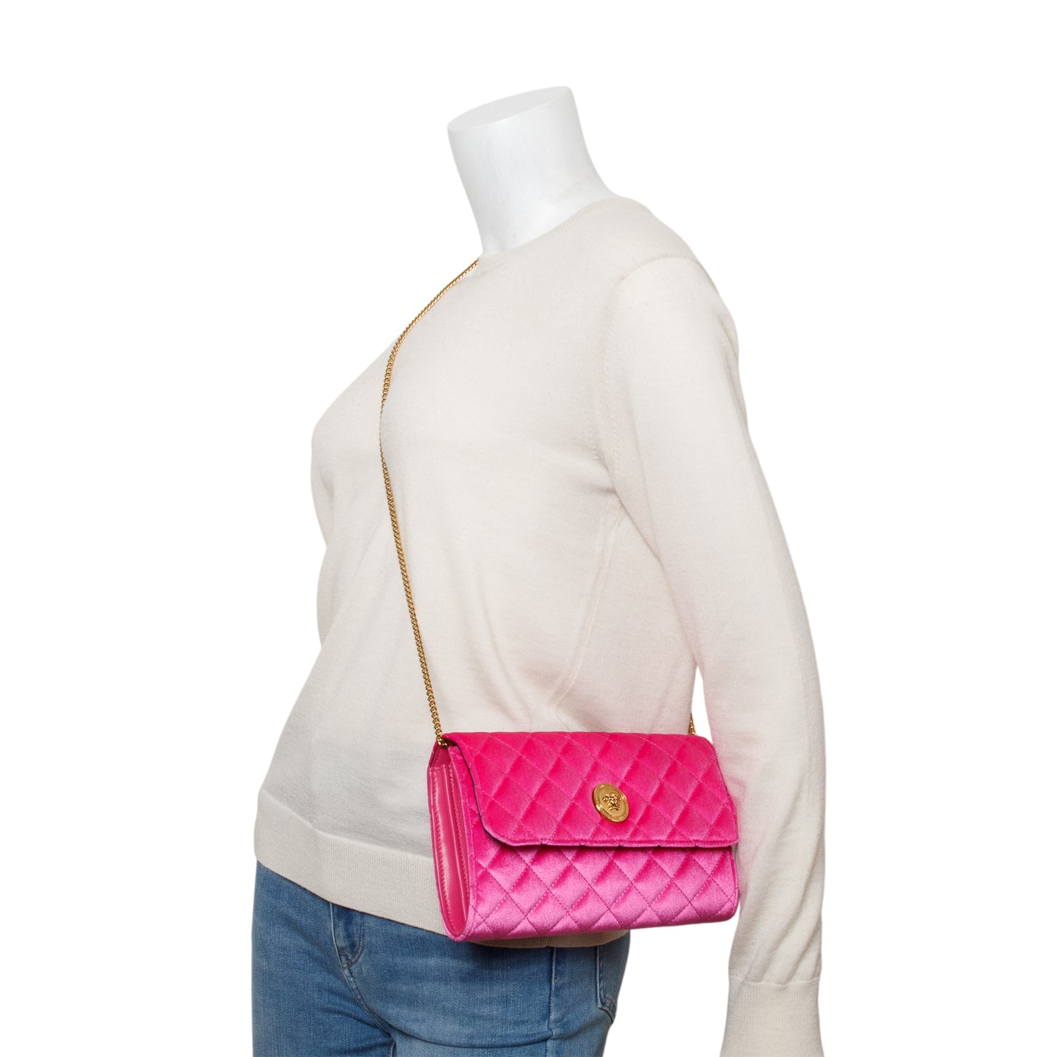 Versace Pink Velvet Quilted Medusa Wallet on Chain w/ Box