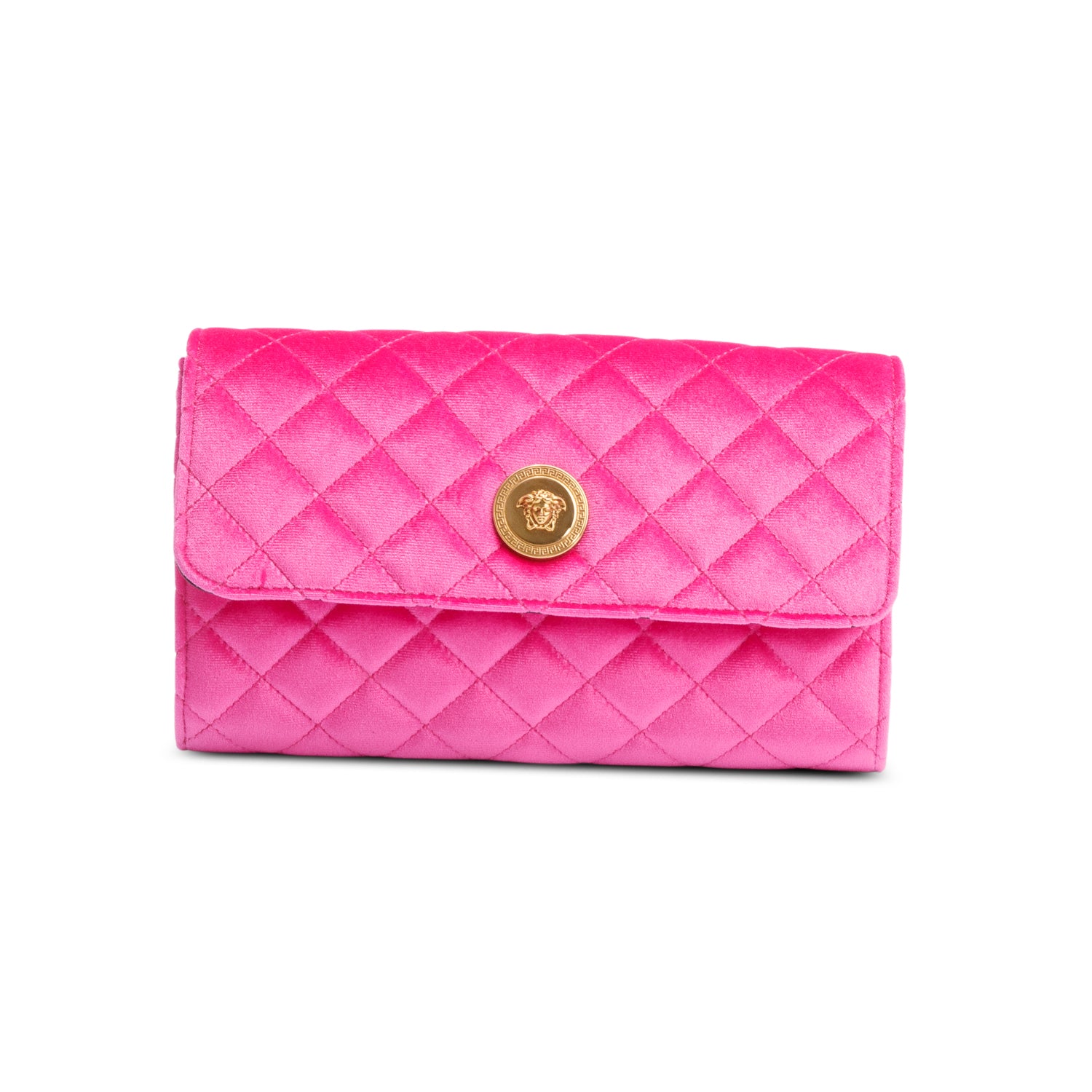 Versace Pink Velvet Quilted Medusa Wallet on Chain w/ Box