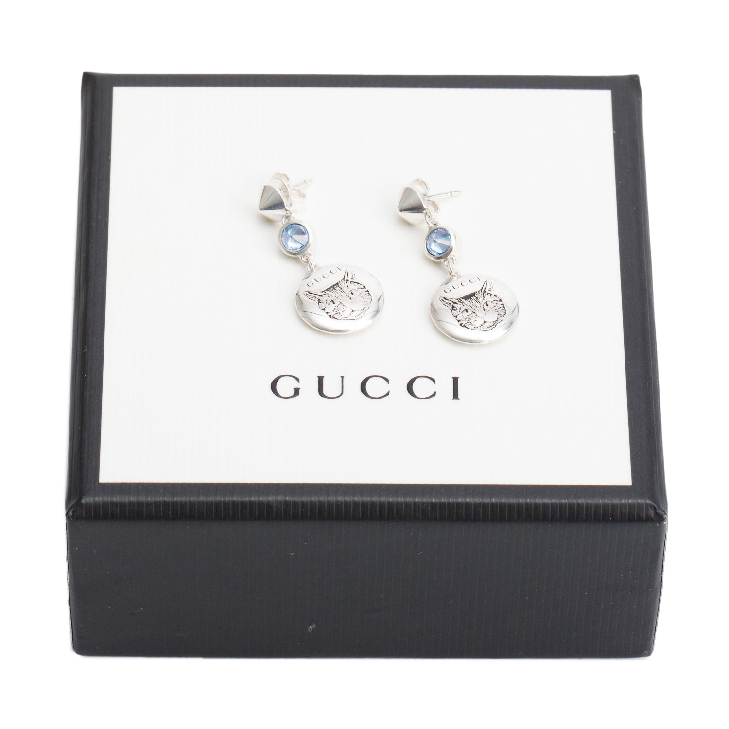 Gucci Sterling Silver Blue Cubic Zircoina Blind for Love Earrings w/ Box