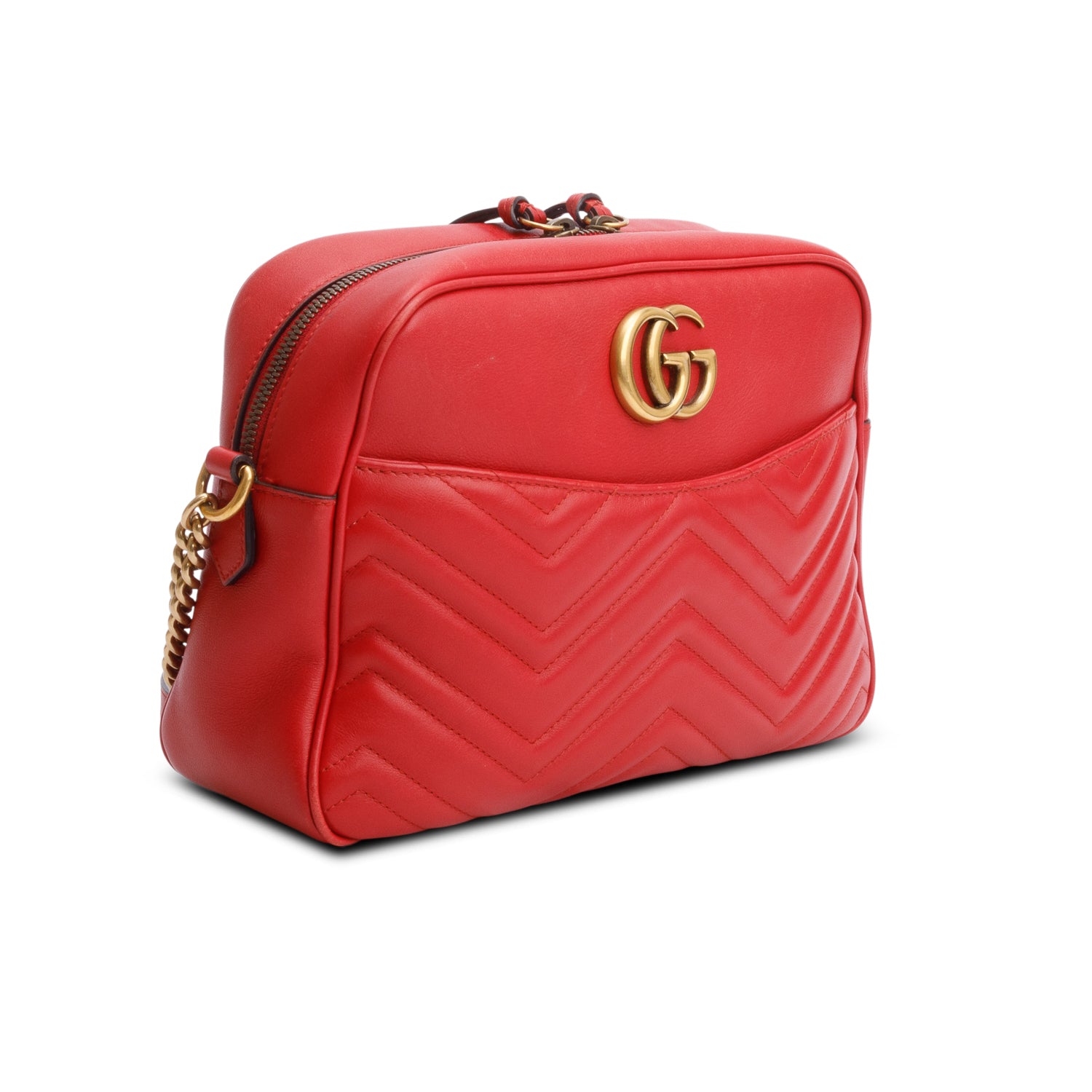Gucci Red Calfskin Medium GG Marmont Chain Shoulder Bag w/ Box