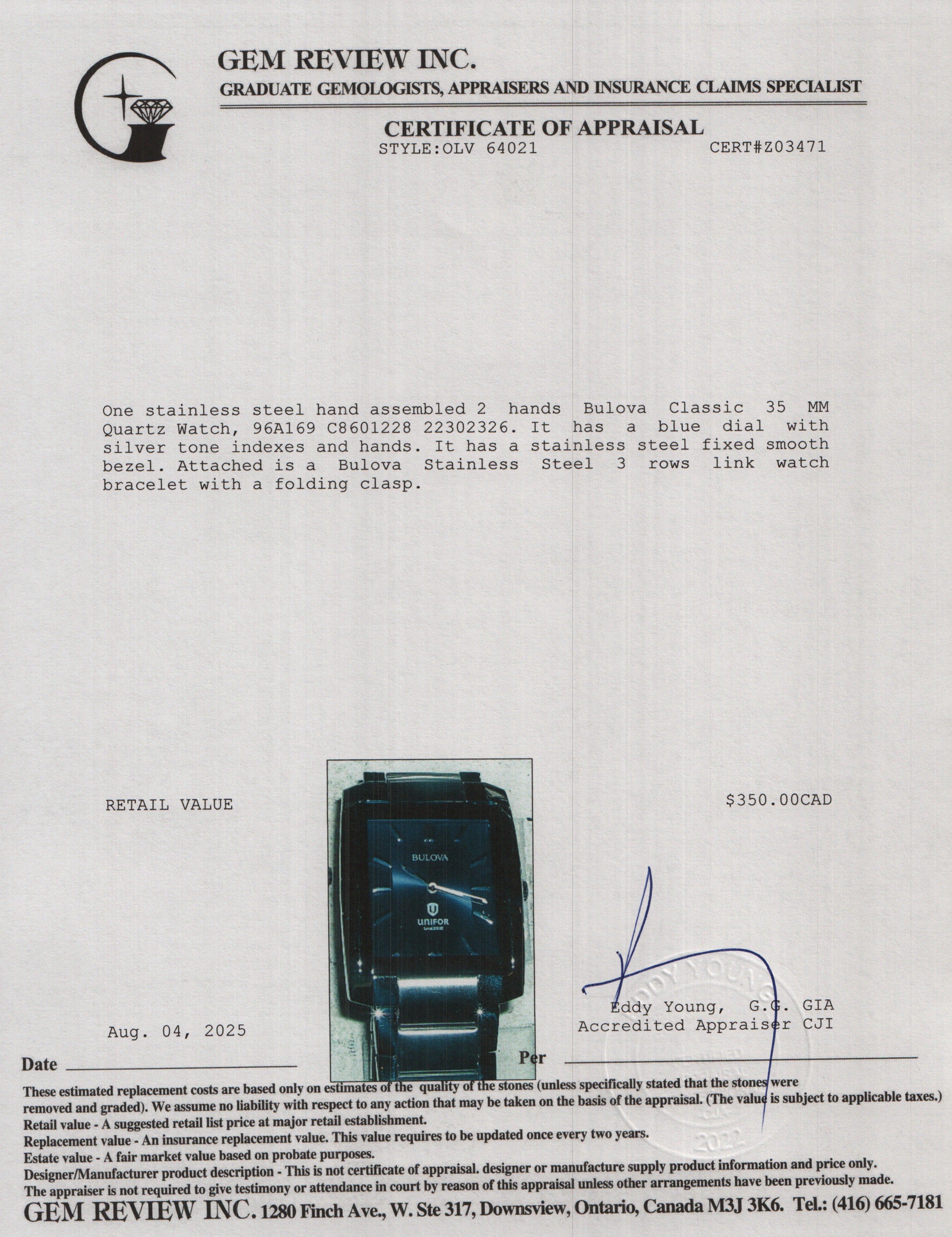 Bulova Stainless Steel Classic 35 MM Quartz Watch Blue Dial w/ Box