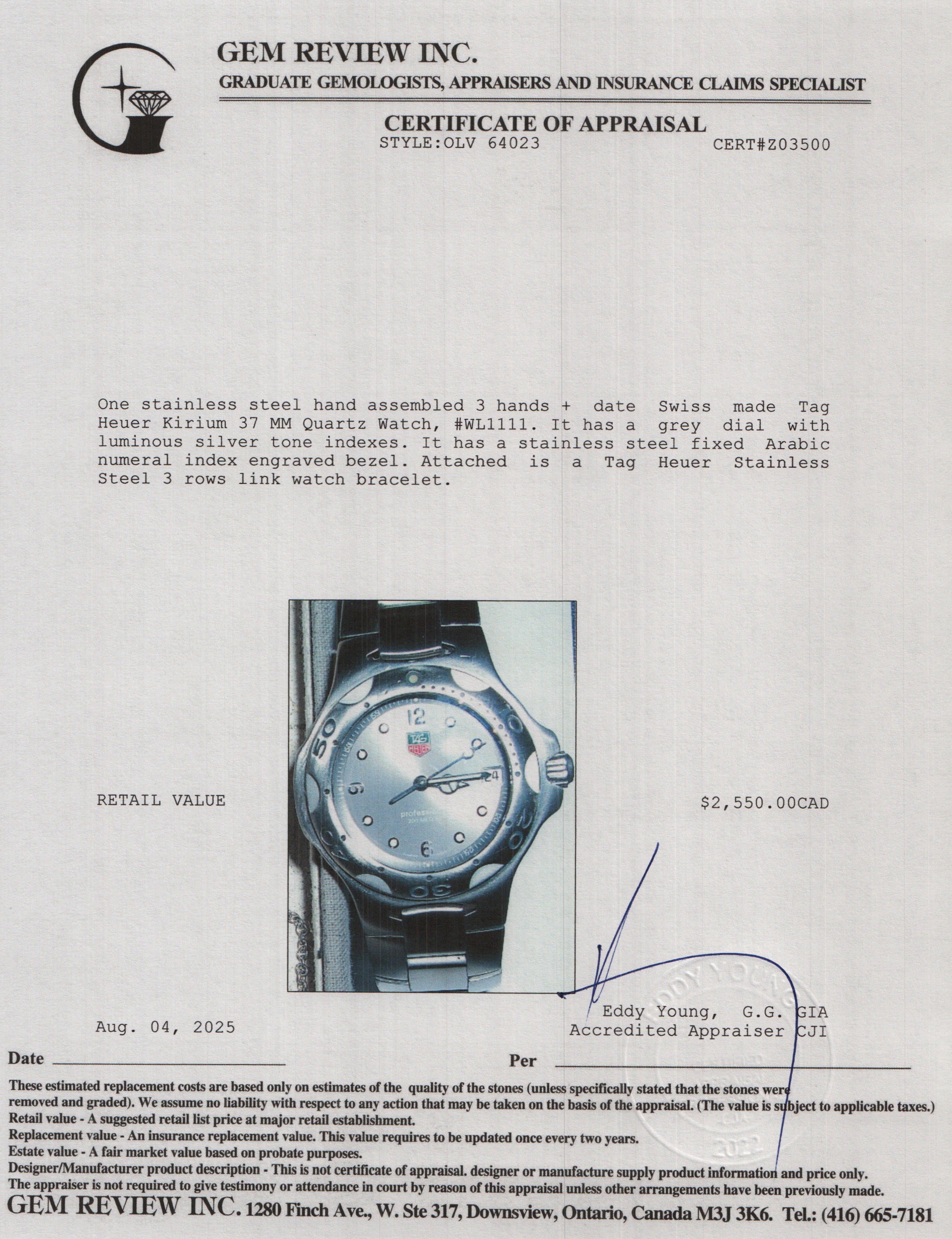 Tag Heuer Stainless Steel Kirium 37 MM Quartz Watch Grey Dial WL1111