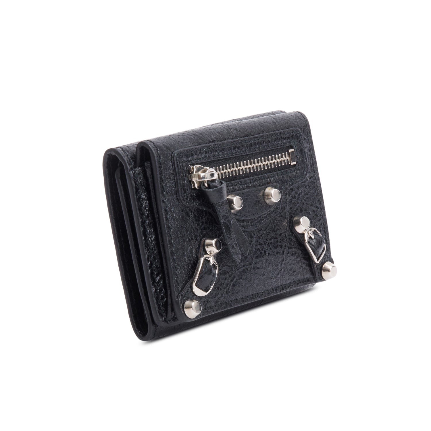 Balenciaga Black Crinkled Calfskin Leather City Mini Trifold Compact Wallet