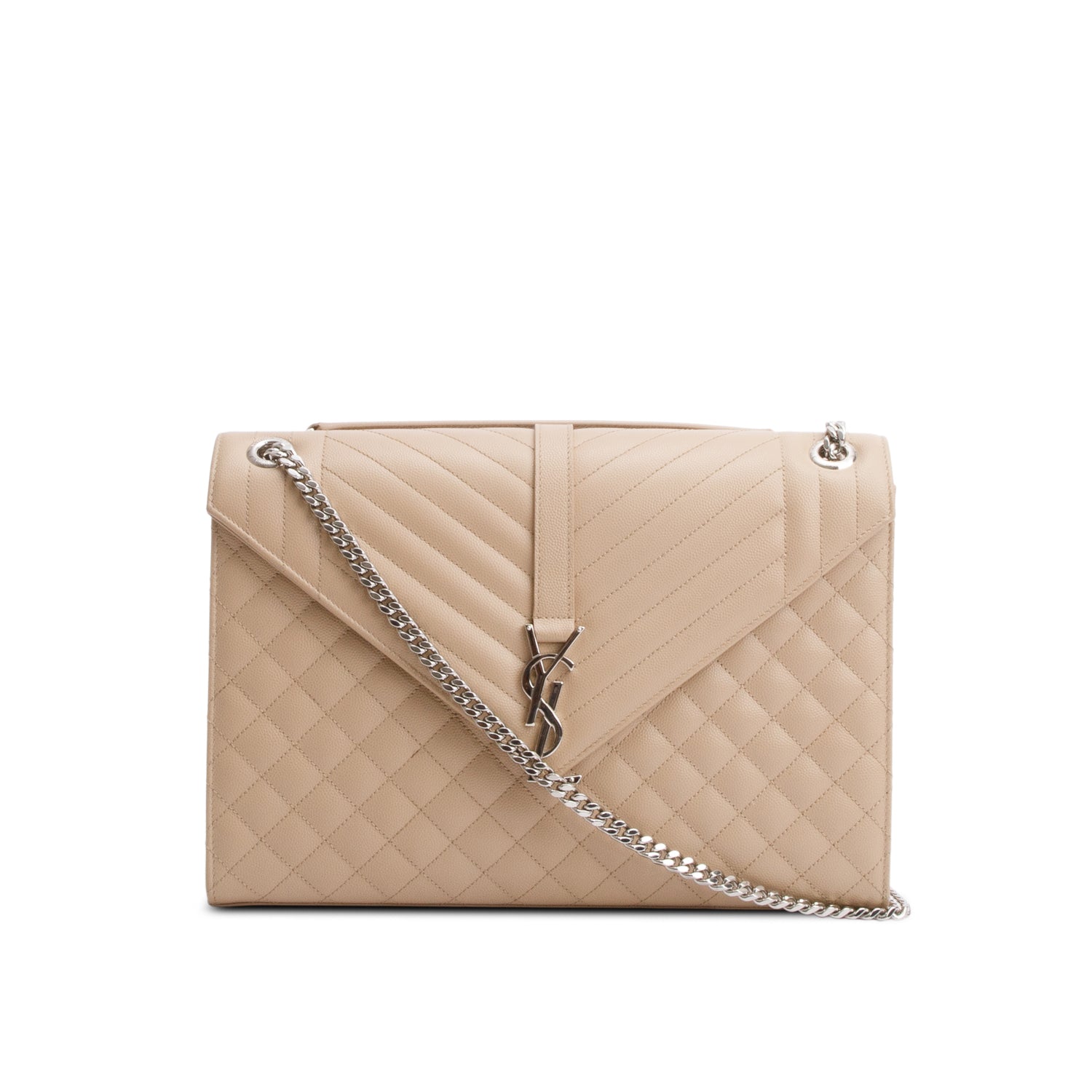 Saint Laurent Beige Quilted Grain De Poudre Leather Large Envelope