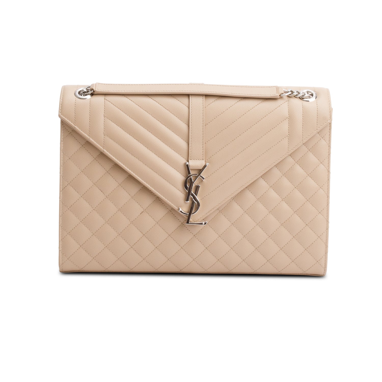 Saint Laurent Beige Quilted Grain De Poudre Leather Large Envelope Chain Bag