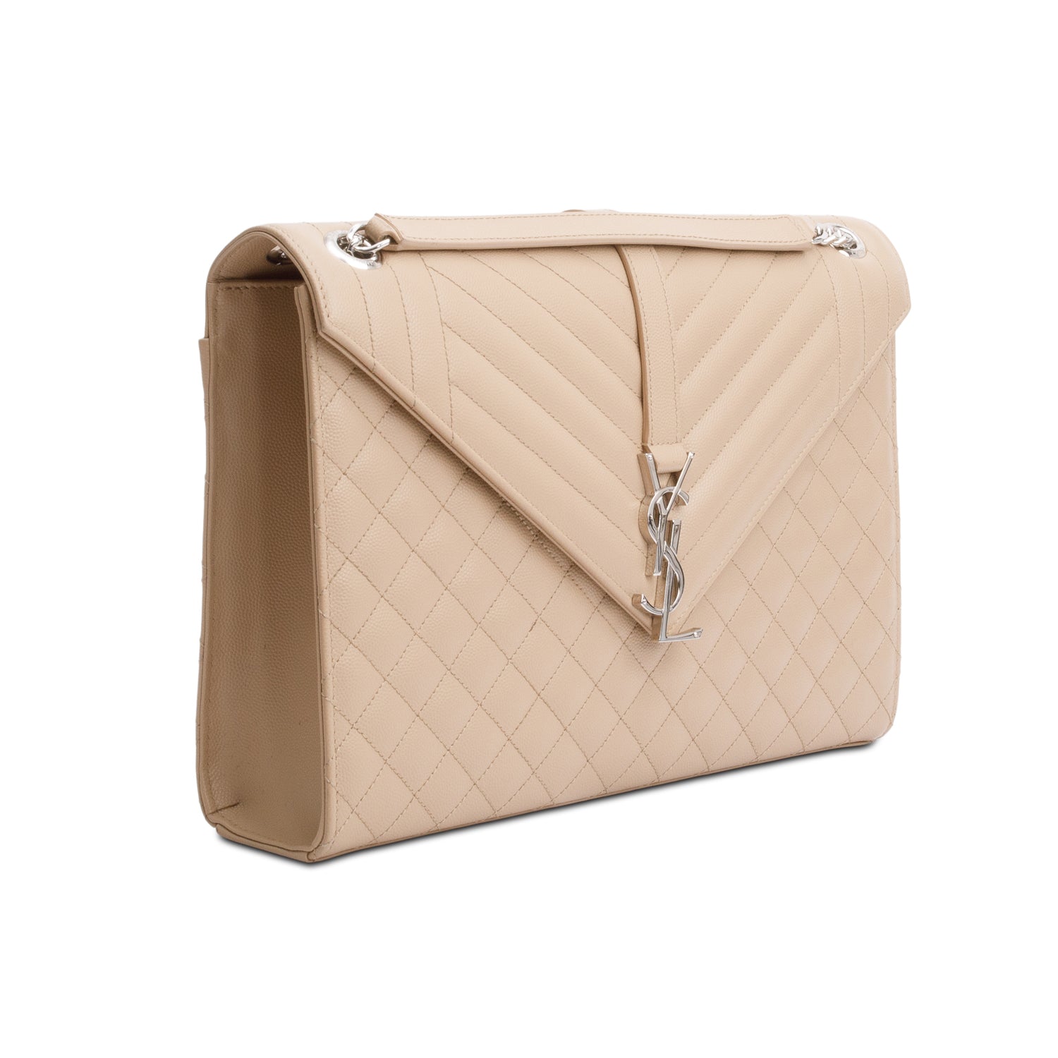 Saint Laurent Beige Quilted Grain De Poudre Leather Large Envelope Chain Bag