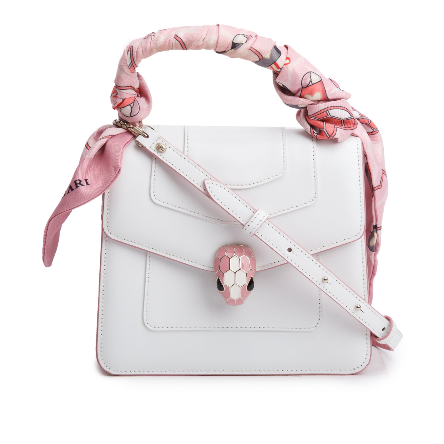 Bvlgari White/Pink Serpenti Forever Top Handle w/ Box, Straps, & Two Scarves