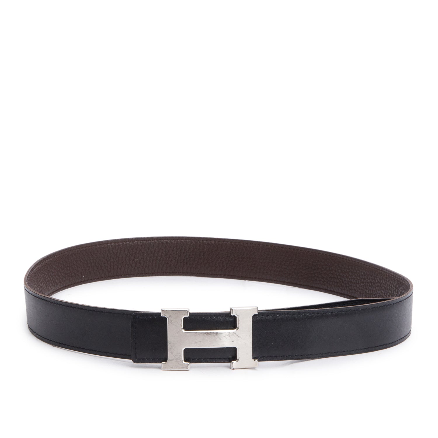 Hermes Noir/Chocolat Neve Reversible Leather 32 MM H Belt Kit, Size 85