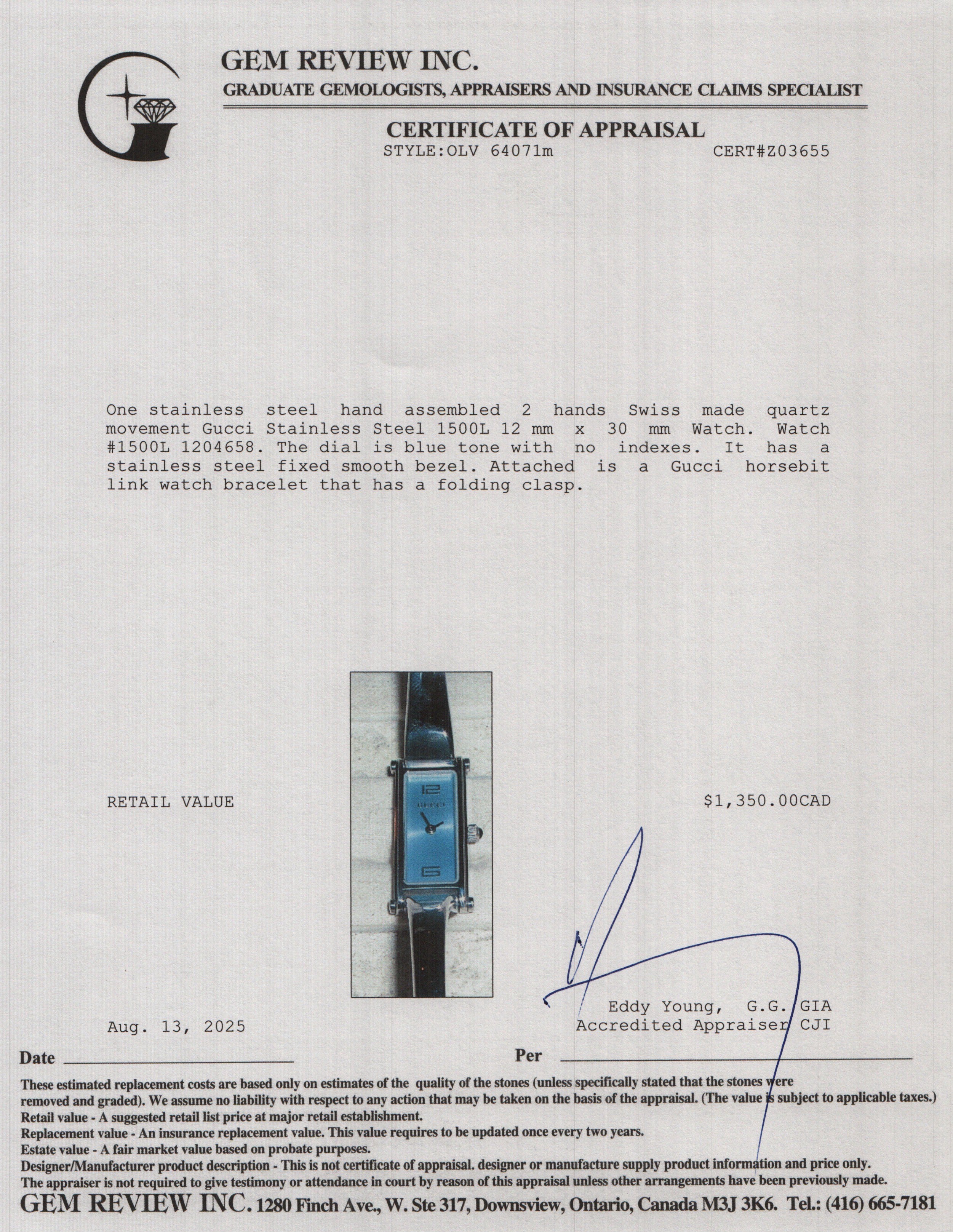 Gucci Stainless Steel 1500 Series Quartz Watch Blue Dial