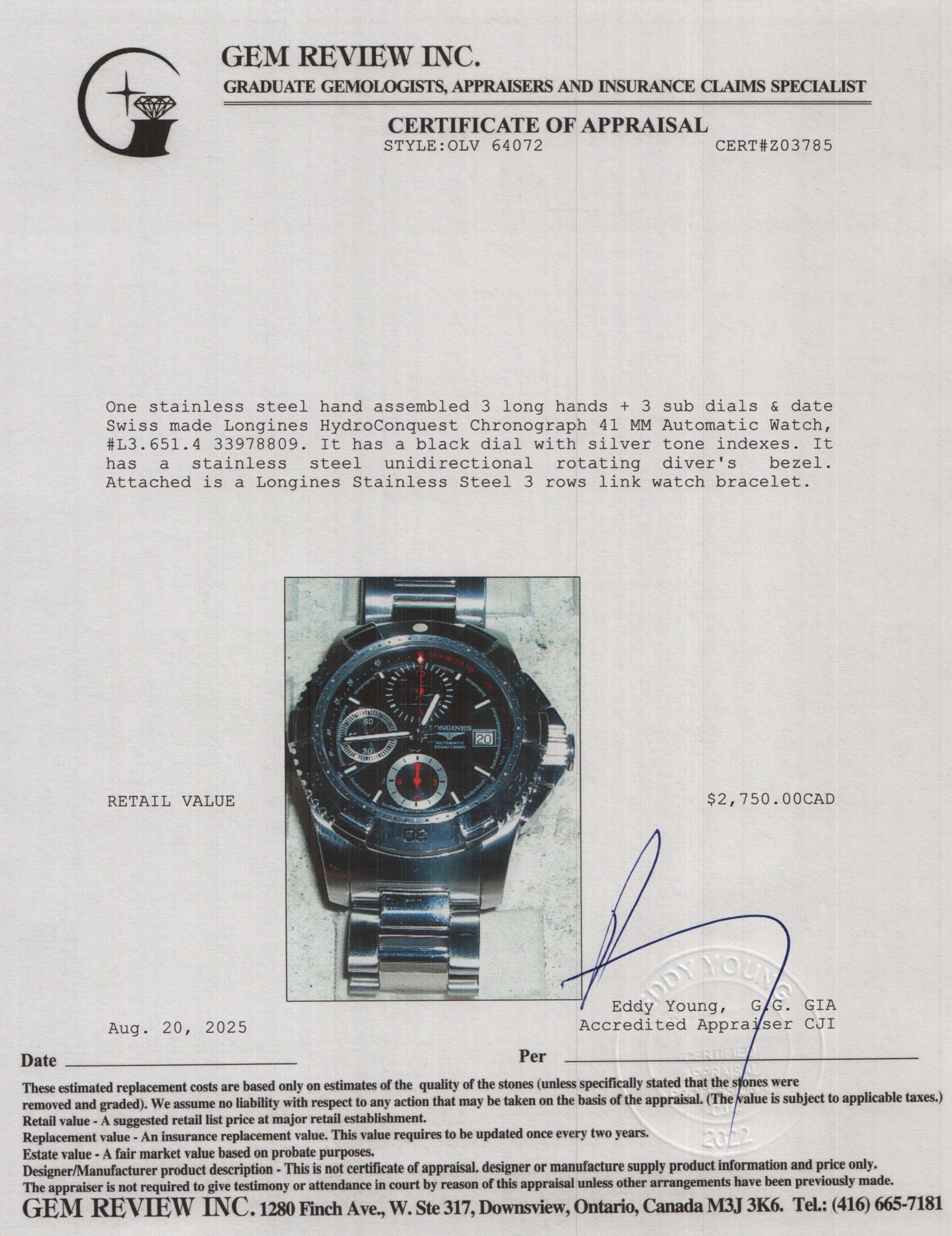 Longines Stainless Steel HydroConquest 41 MM Automatic Watch Black Dial