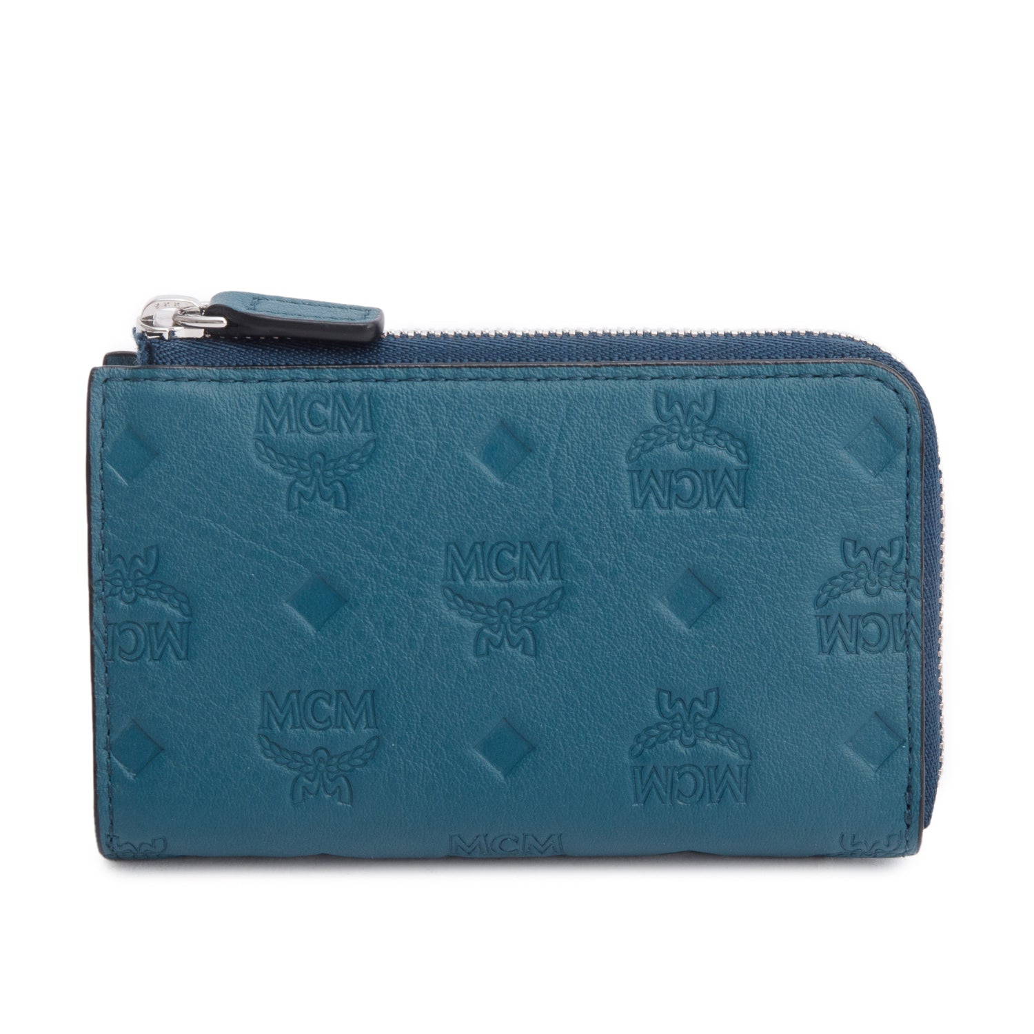 MCM Blue Monogram Embossed Leather Klara Zip Wallet