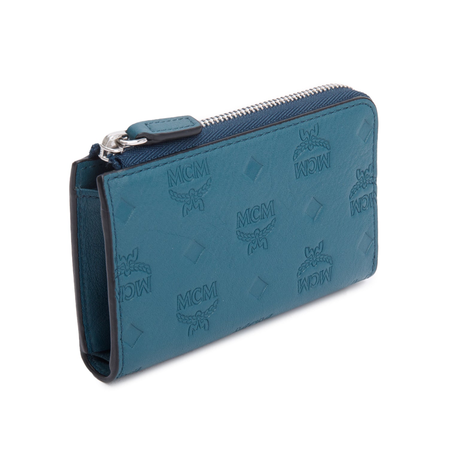 MCM Blue Monogram Embossed Leather Klara Zip Wallet