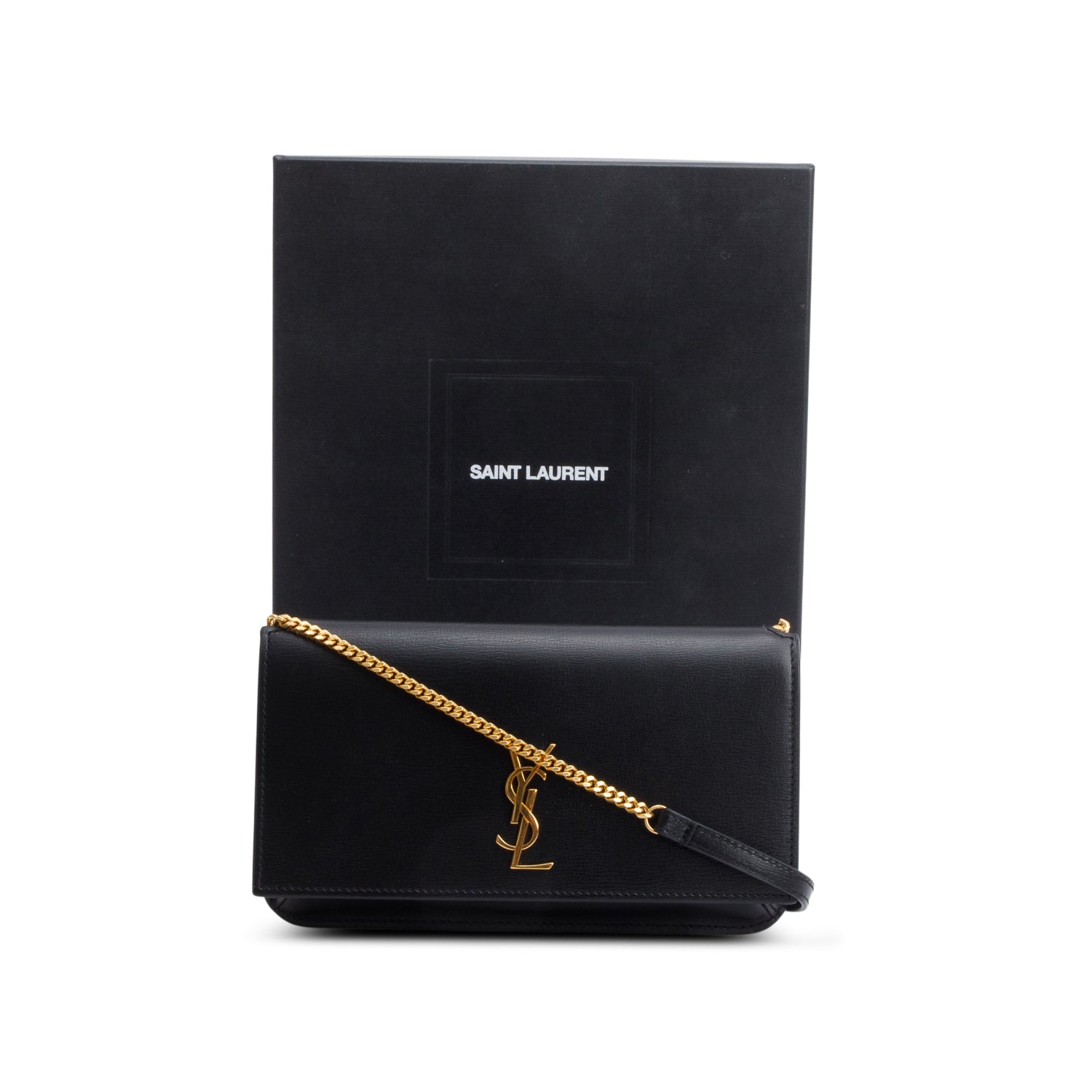 Saint Laurent Black Smooth Calfskin Leather Cassandre Phone Holder w/ Box