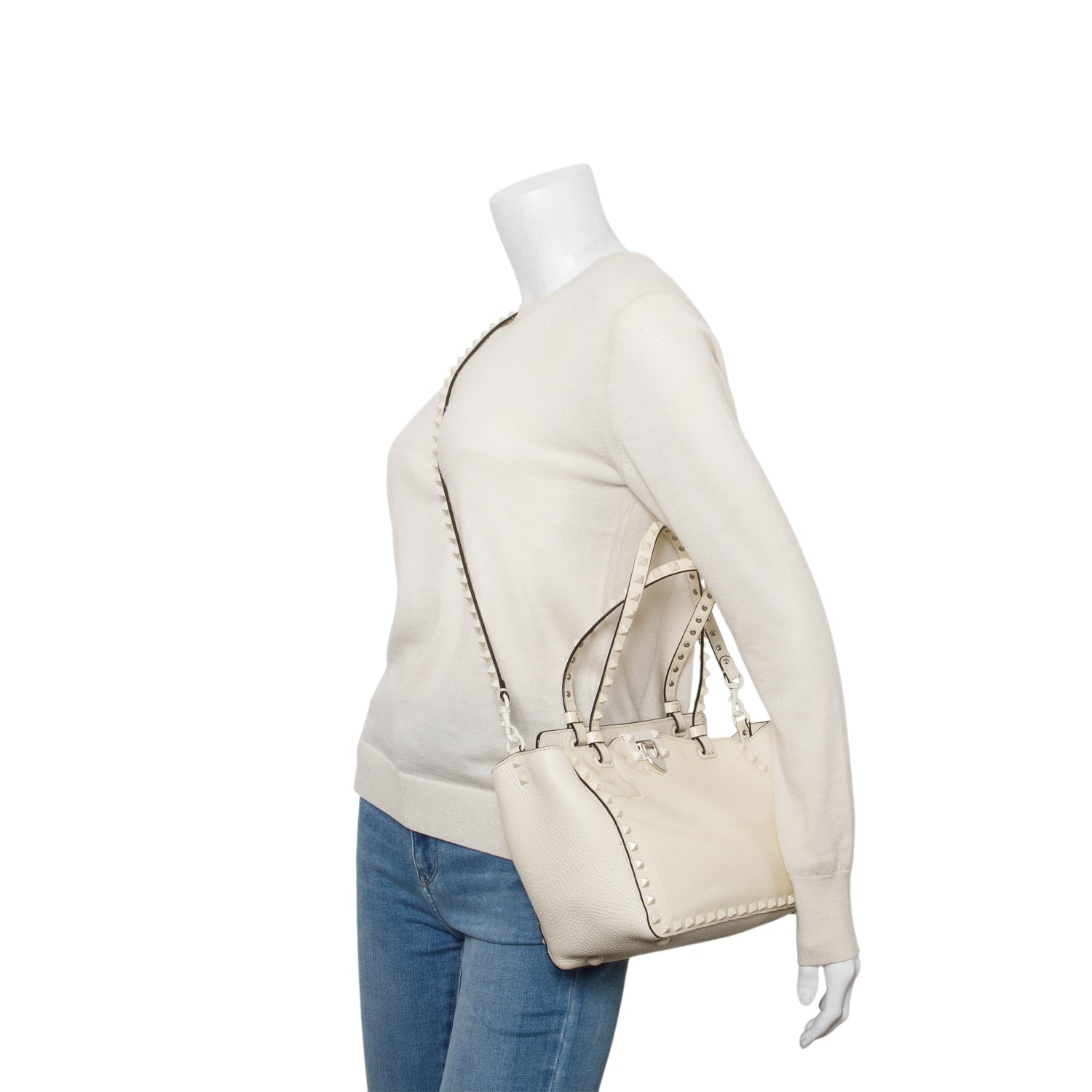 Valentino White Patent & Calfskin Leather Small Rockstud Tote Bag w/ Box & Strap