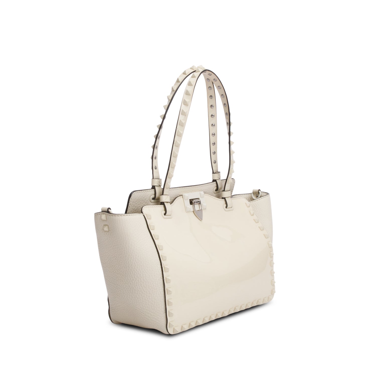 Valentino White Patent & Calfskin Leather Small Rockstud Tote Bag w/ Box & Strap