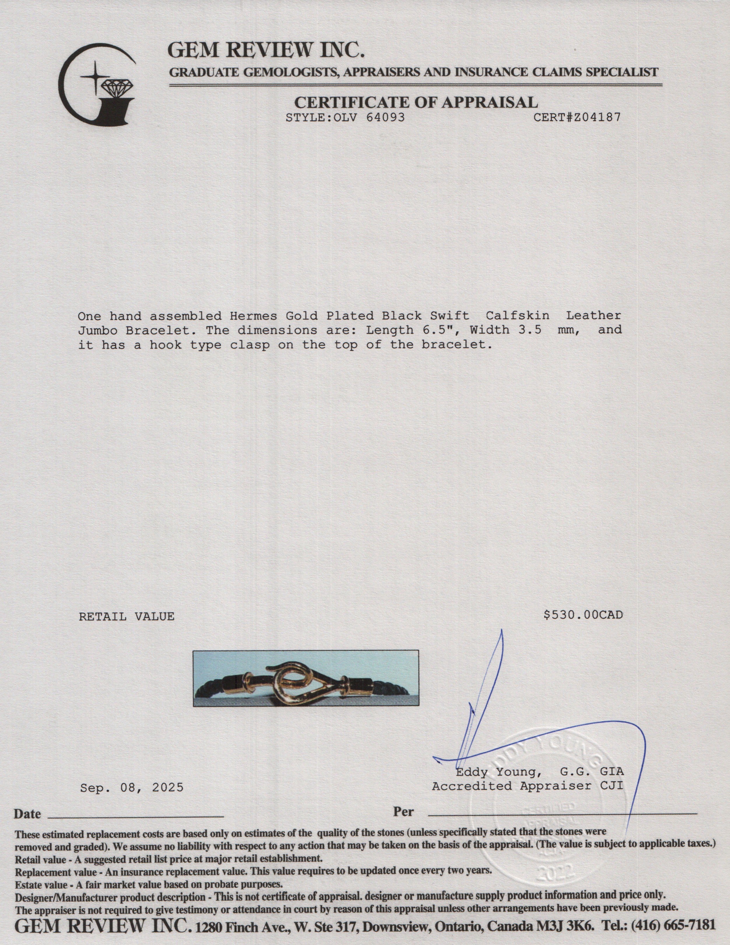 Hermes Gold Plated Black Swift Calfskin Leather Jumbo Bracelet w/ Box