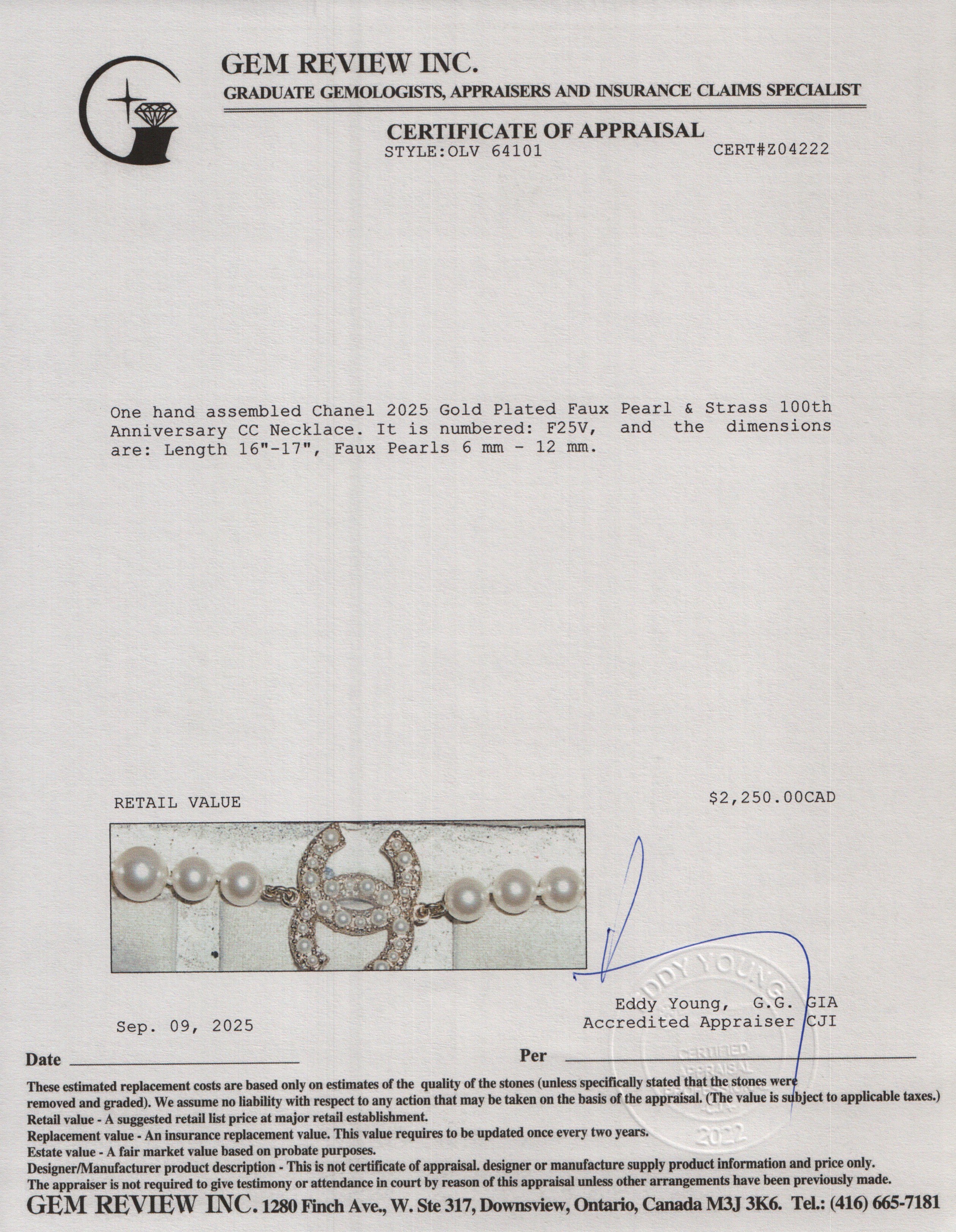 Chanel 2025 Gold Plated Faux Pearl & Strass 100th Anniversary CC Necklace