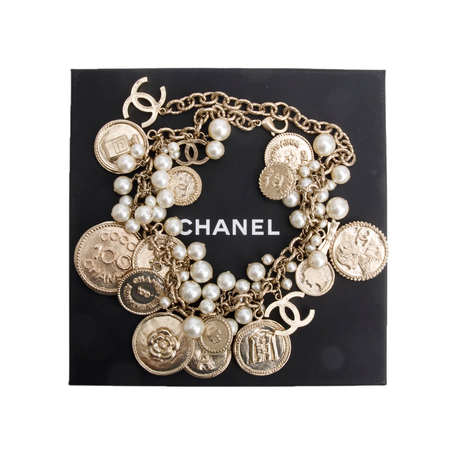 Chanel Gold-Plated 100th Anniversary Medallion Coin & Faux Pearl Necklace w/ Box