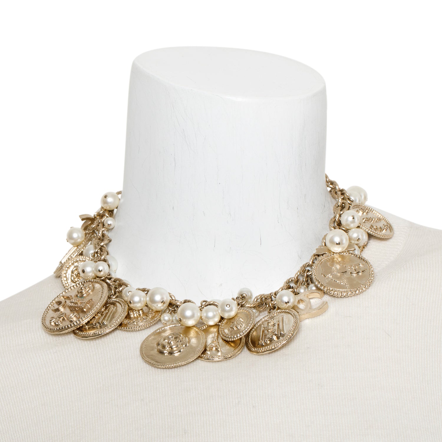 Chanel Gold-Plated 100th Anniversary Medallion Coin & Faux Pearl Necklace w/ Box